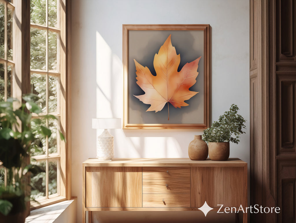 Neutral Autumn Leaf Wall Art - Minimal Maple Leaf Print, Japandi Wabi-Sabi Fall Home Decor, Beige Botanical Wall Art