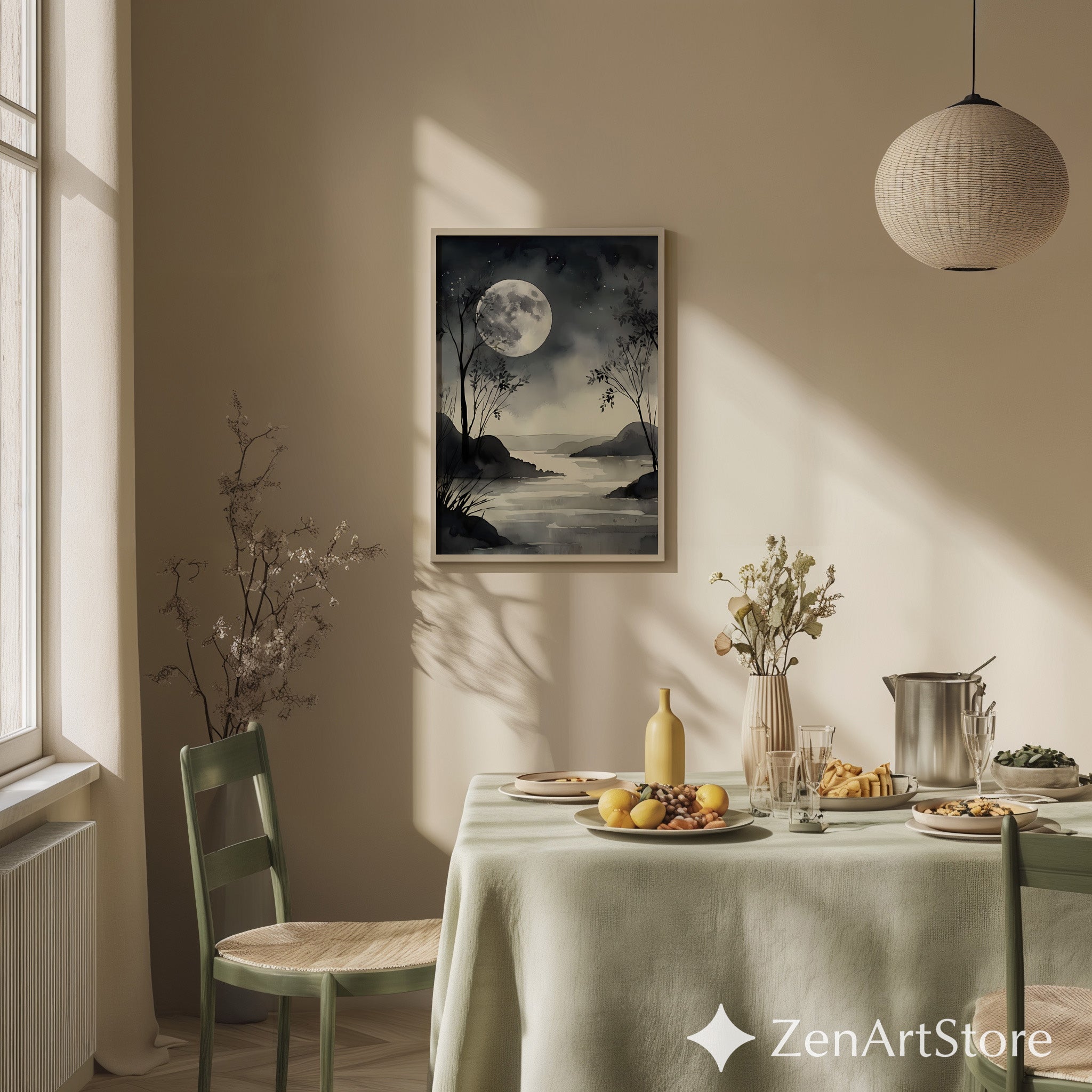 Moonlight Watercolor Landscape Print - Minimal Black & White Moon Art, Zen Japandi Wall Decor for Living Room or Bedroom