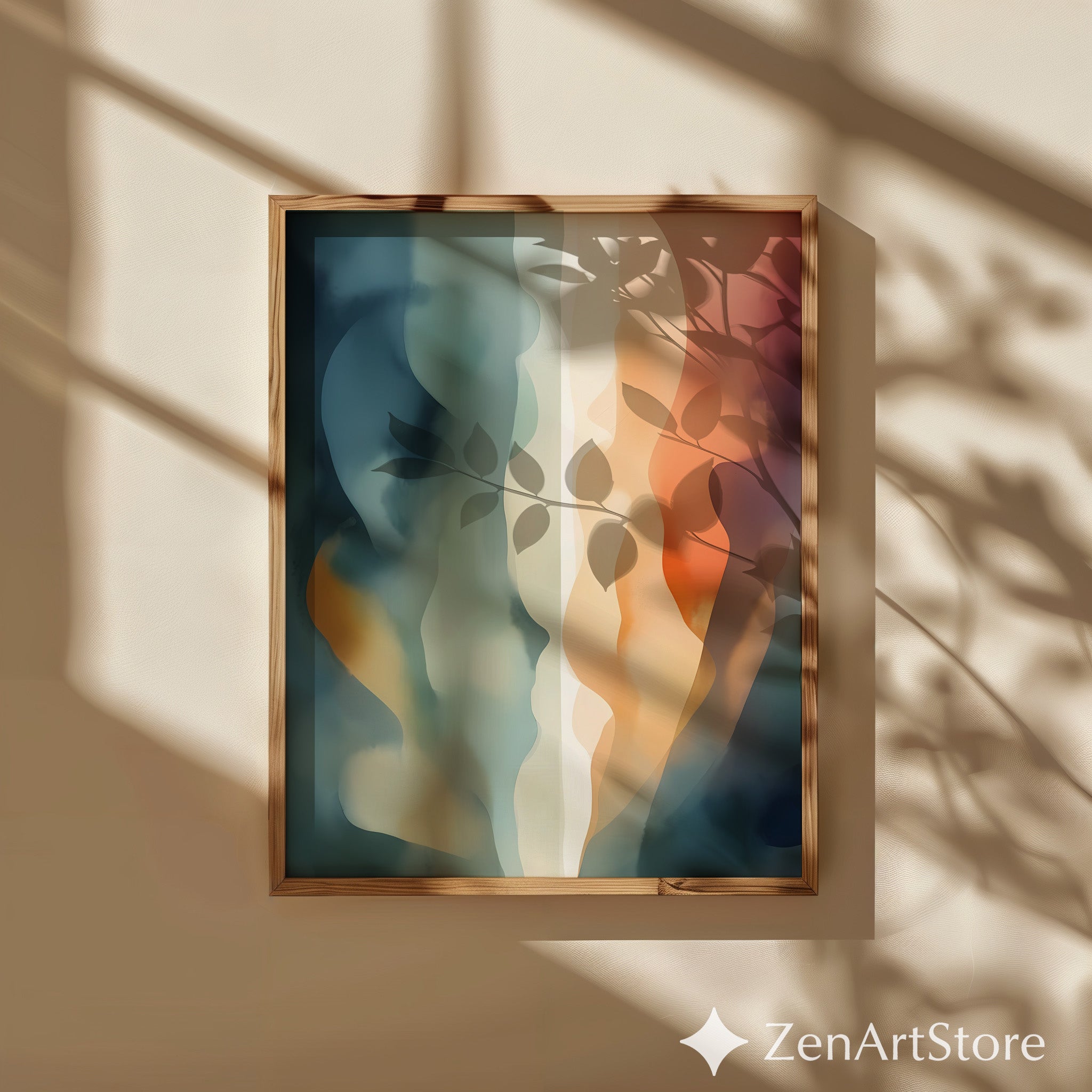 Abstract Fluid Wall Art Print - Calm Teal, Beige & Orange Minimalist Modern Home Decor, Japandi Wabi Sabi