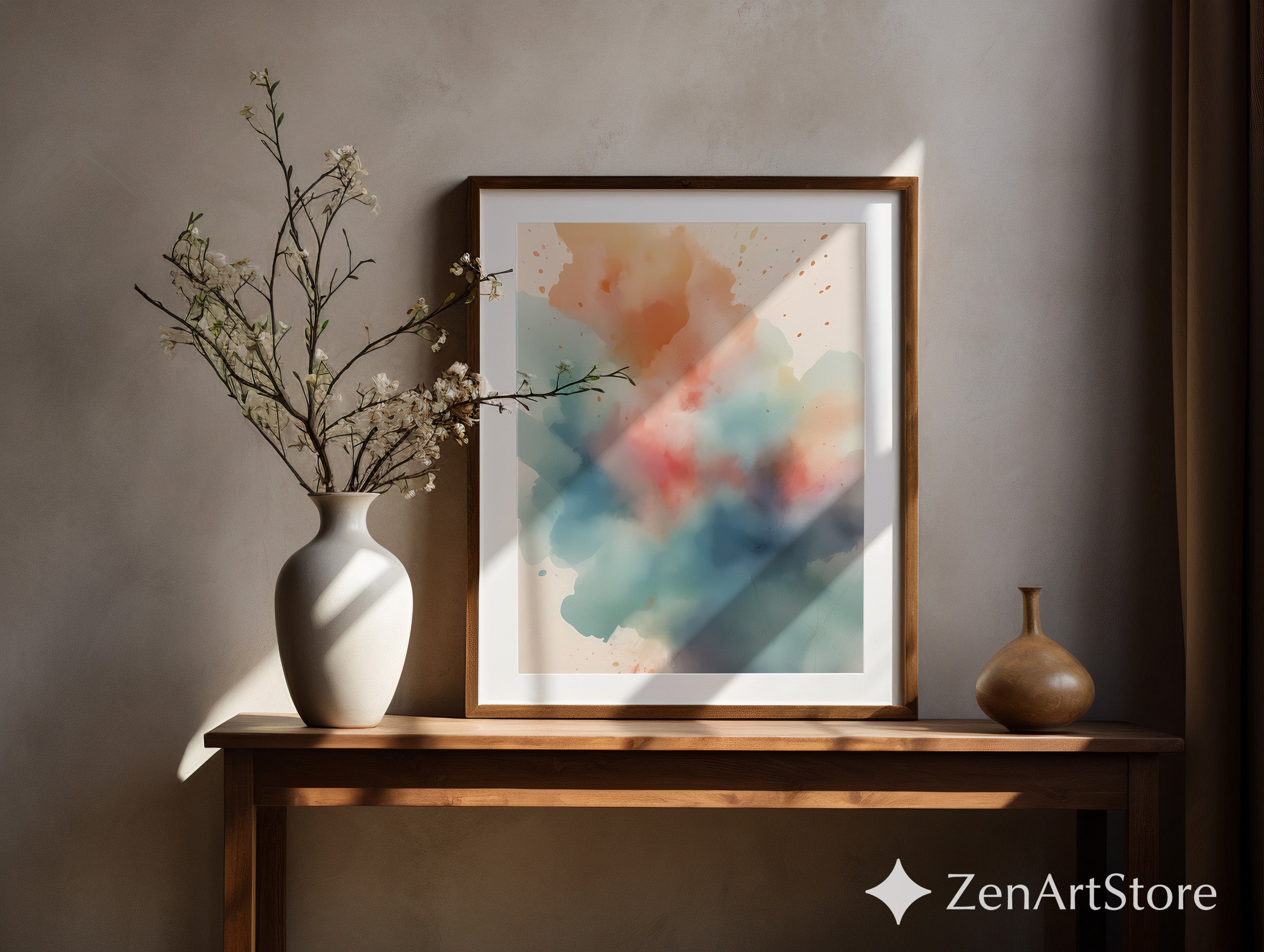 Soft Watercolor Abstract Wall Art - Neutral Blue & Coral Print for Modern Minimal Japandi Home Decor