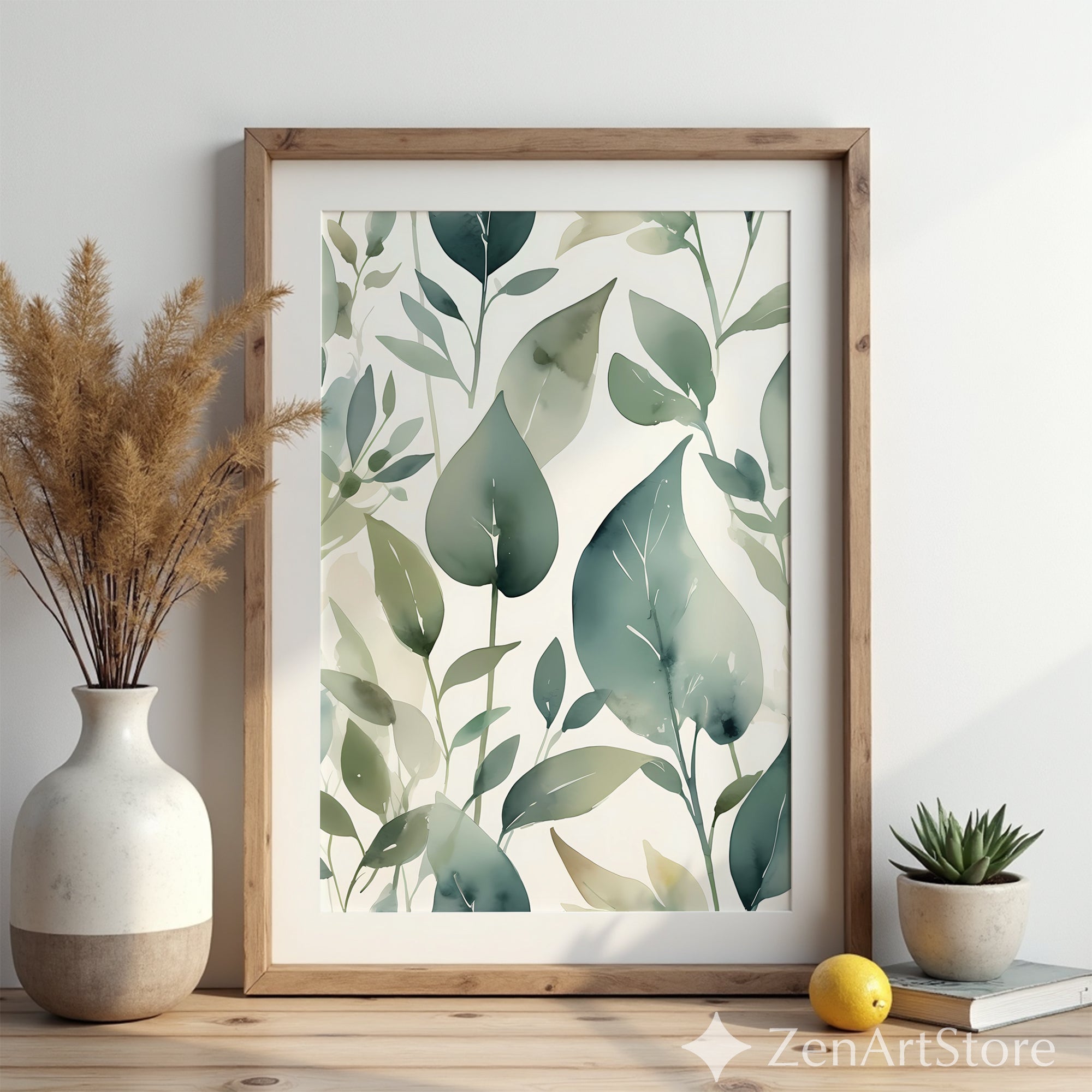 Calming Green Botanical Watercolor Leaf Print - Minimal Neutral Wall Art for Scandinavian Japandi Home Decor