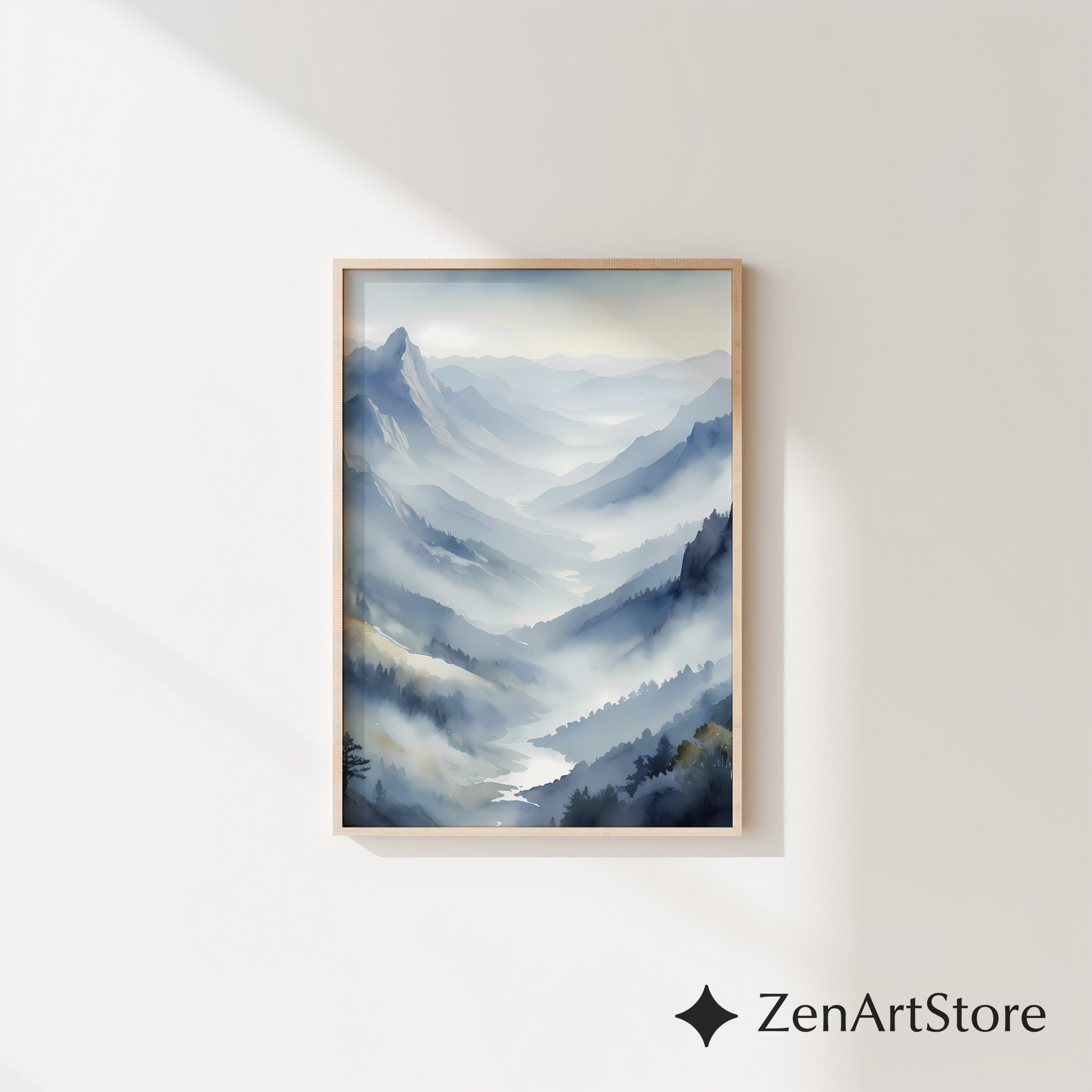 Misty Mountain Valley Wall Art Print - Serene Blue Grey Landscape, Minimalist Japandi Scandinavian Home Decor, Foggy Nature Print