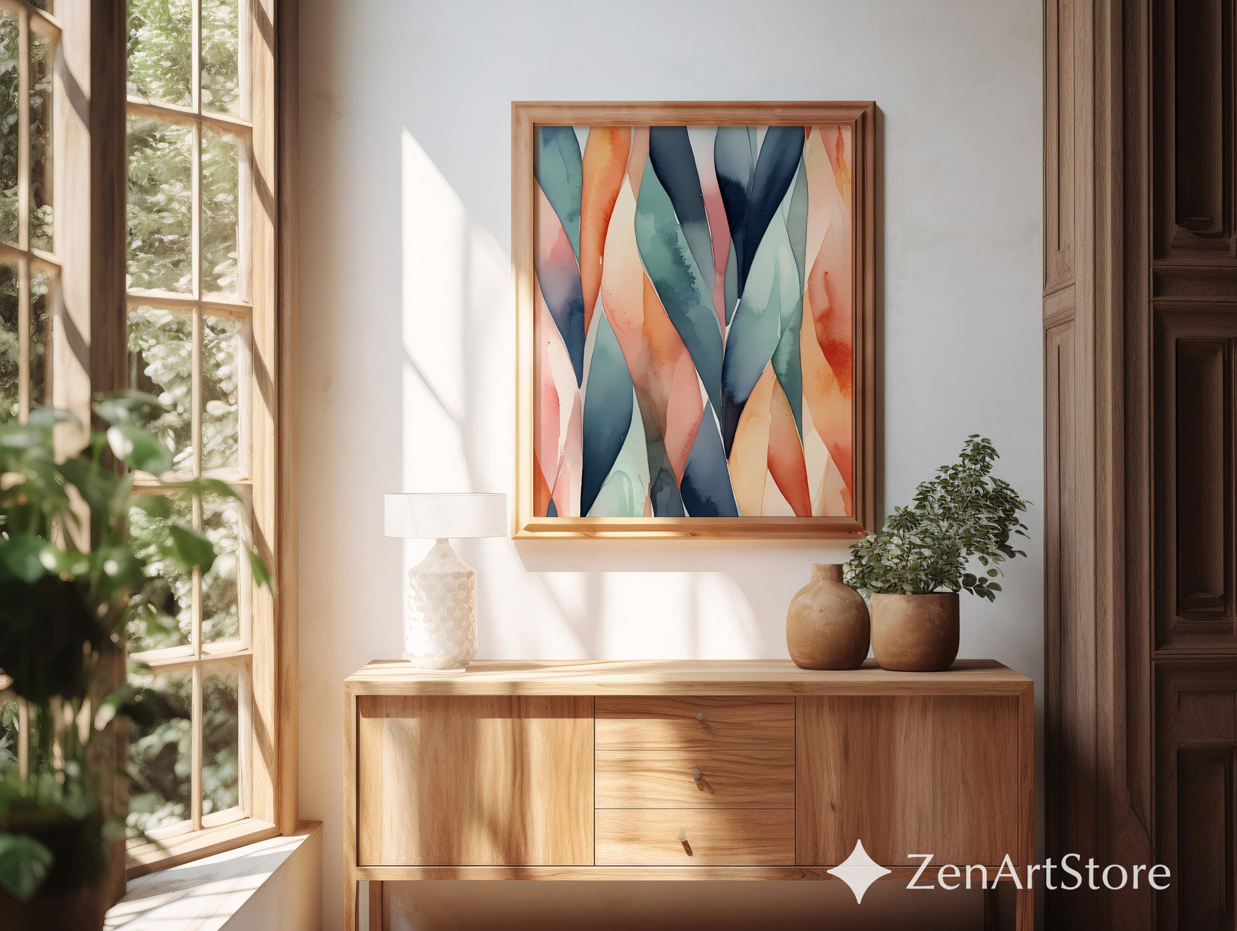 Abstract Watercolor Leaf Art Print - Teal Coral Minimal Botanical Wall Decor for Modern Living Room