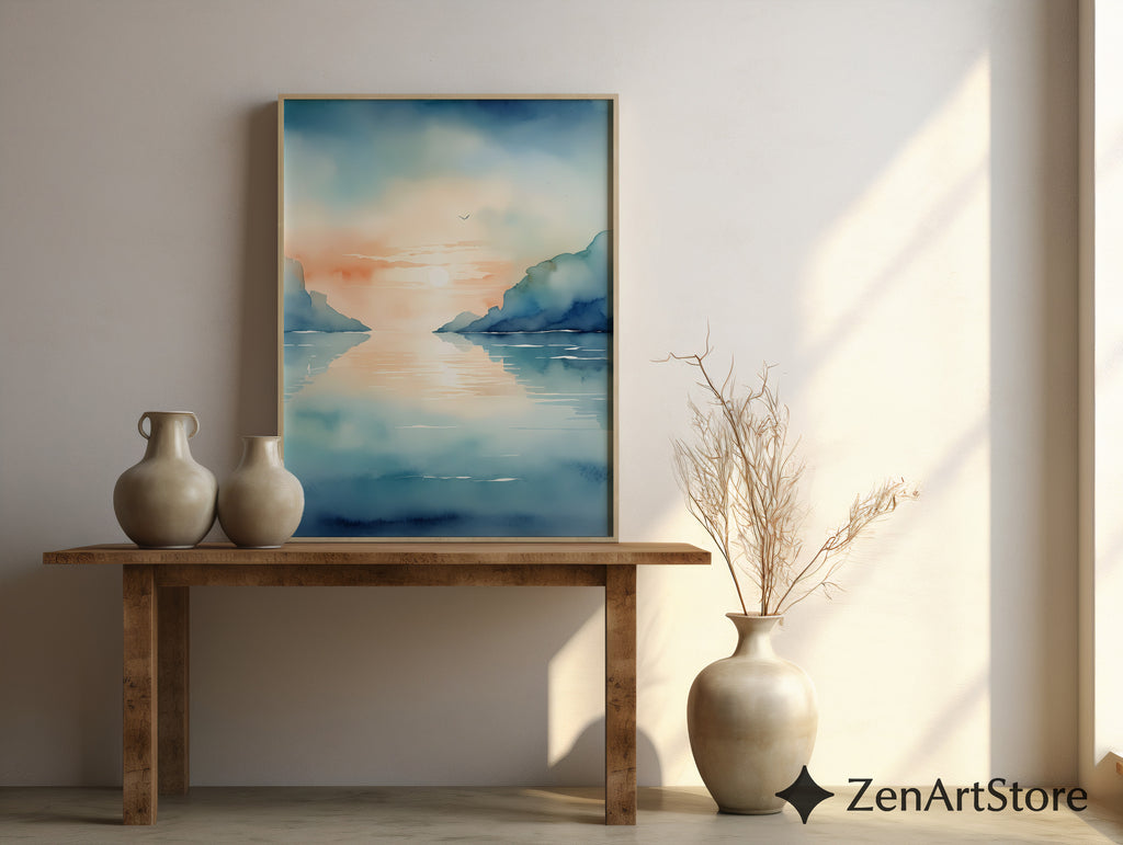 Calm Coastal Sunset Watercolor Print - Minimal Seascape Wall Art, Zen Japandi Blue Peach Ocean Landscape