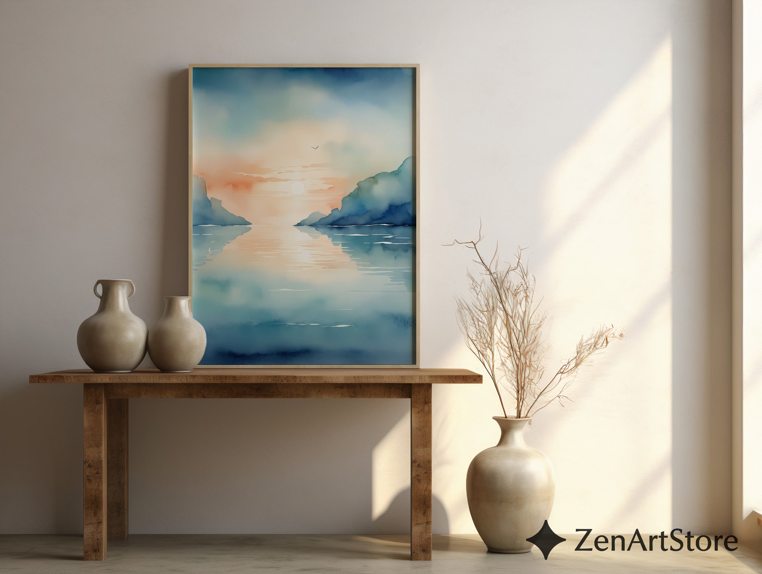 Calm Coastal Sunset Watercolor Print - Minimal Seascape Wall Art, Zen Japandi Blue Peach Ocean Landscape