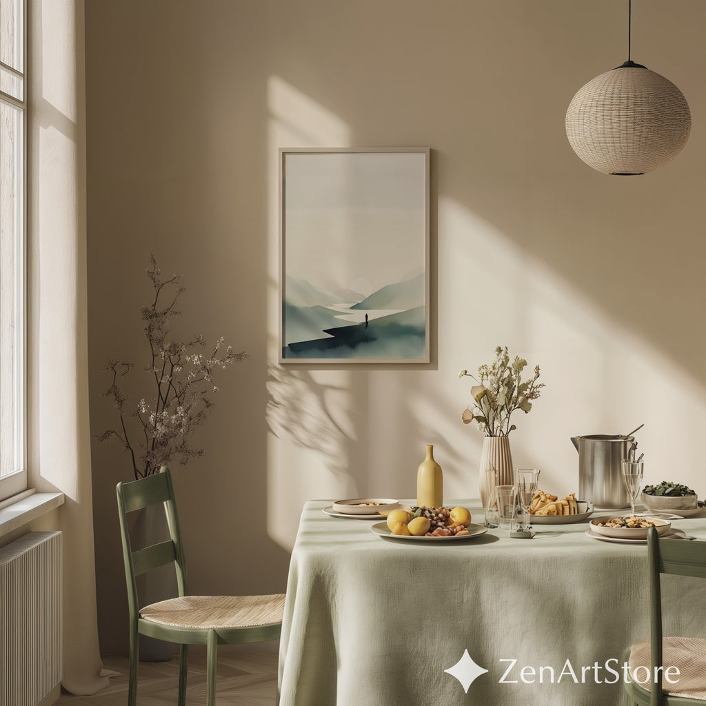 Minimalist Mountain Print - Zen Landscape Wall Art, Japandi Neutral Sun & River, Scandinavian Calm Home Decor