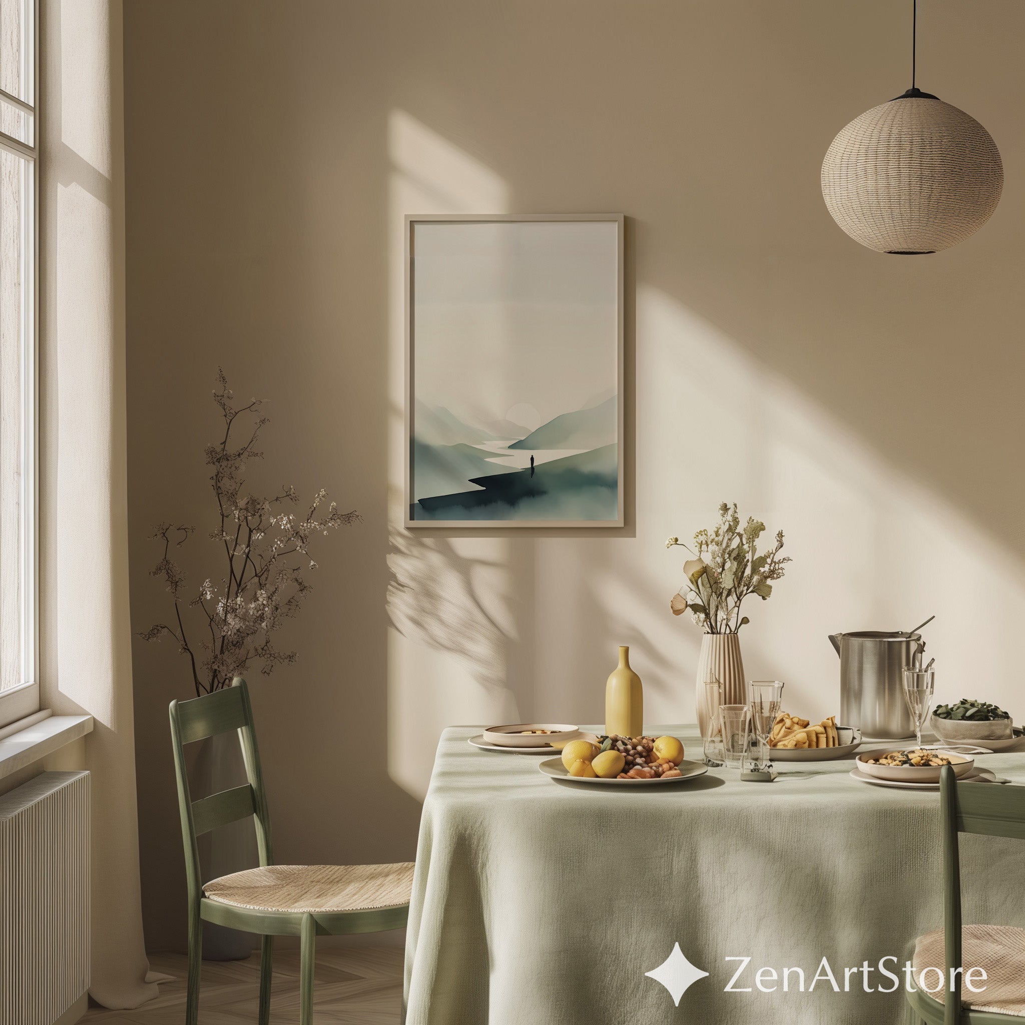 Minimalist Mountain Print - Zen Landscape Wall Art, Japandi Neutral Sun & River, Scandinavian Calm Home Decor