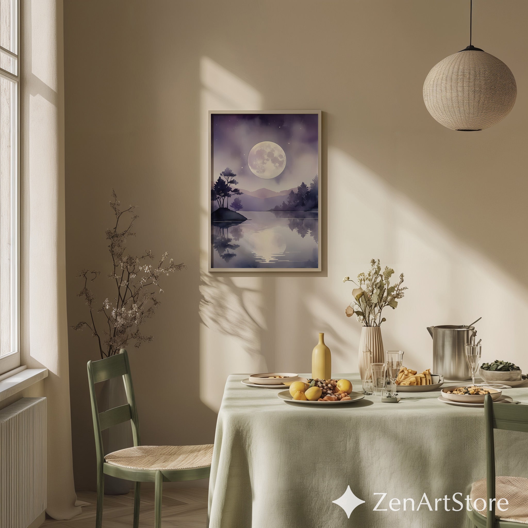 Moonlight Lake Watercolor Print — Purple Minimalist Landscape Wall Art for Bedroom, Zen Japandi Home Decor