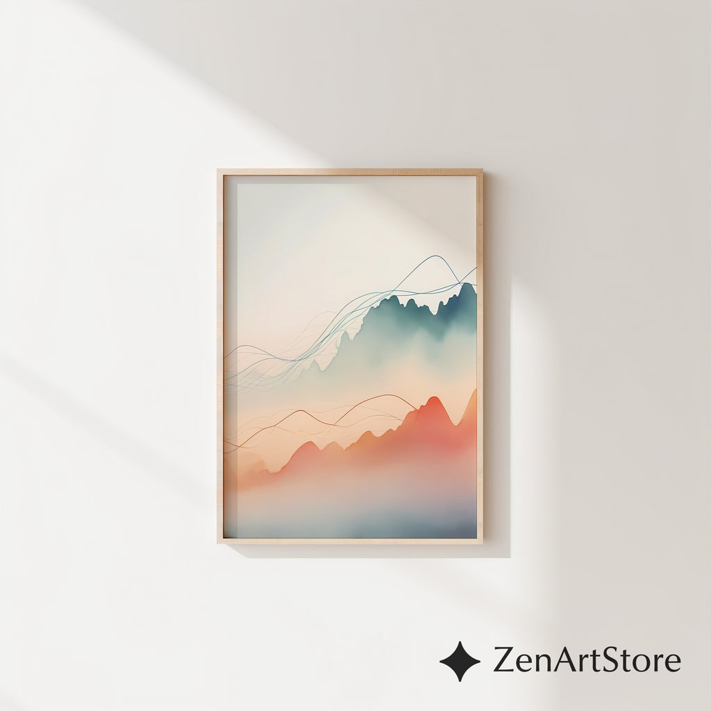 Minimal Abstract Mountain Landscape Wall Art, Japandi Neutral Pastel Line Art Print for Living Room & Bedroom