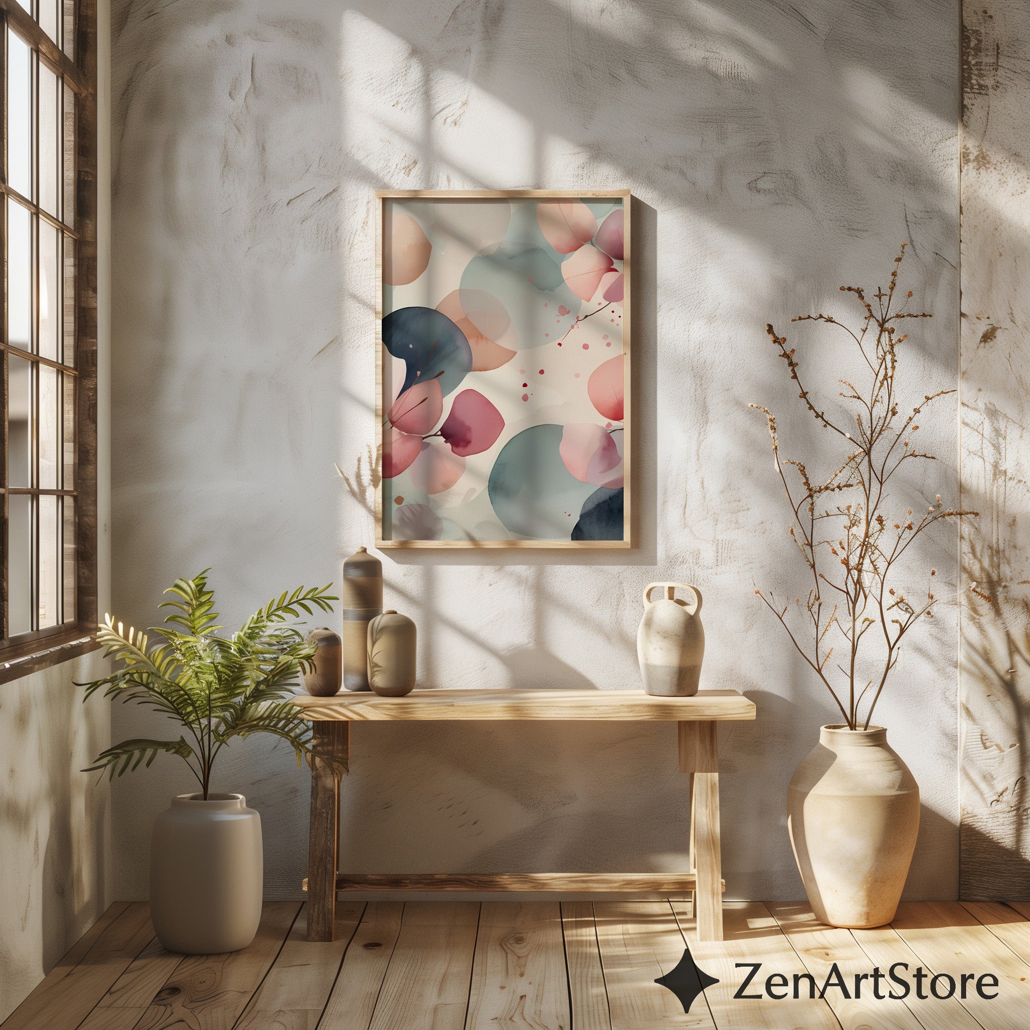 Zen Minimal Japanese Abstract Printable Wall Art - Soft Pink & Teal Watercolor Eucalyptus