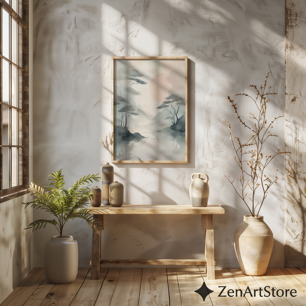 Misty Zen Landscape Print - Minimal Japandi Wall Art with Blush Sun and Tree Reflections - Wabi Sabi Neutral Home Decor