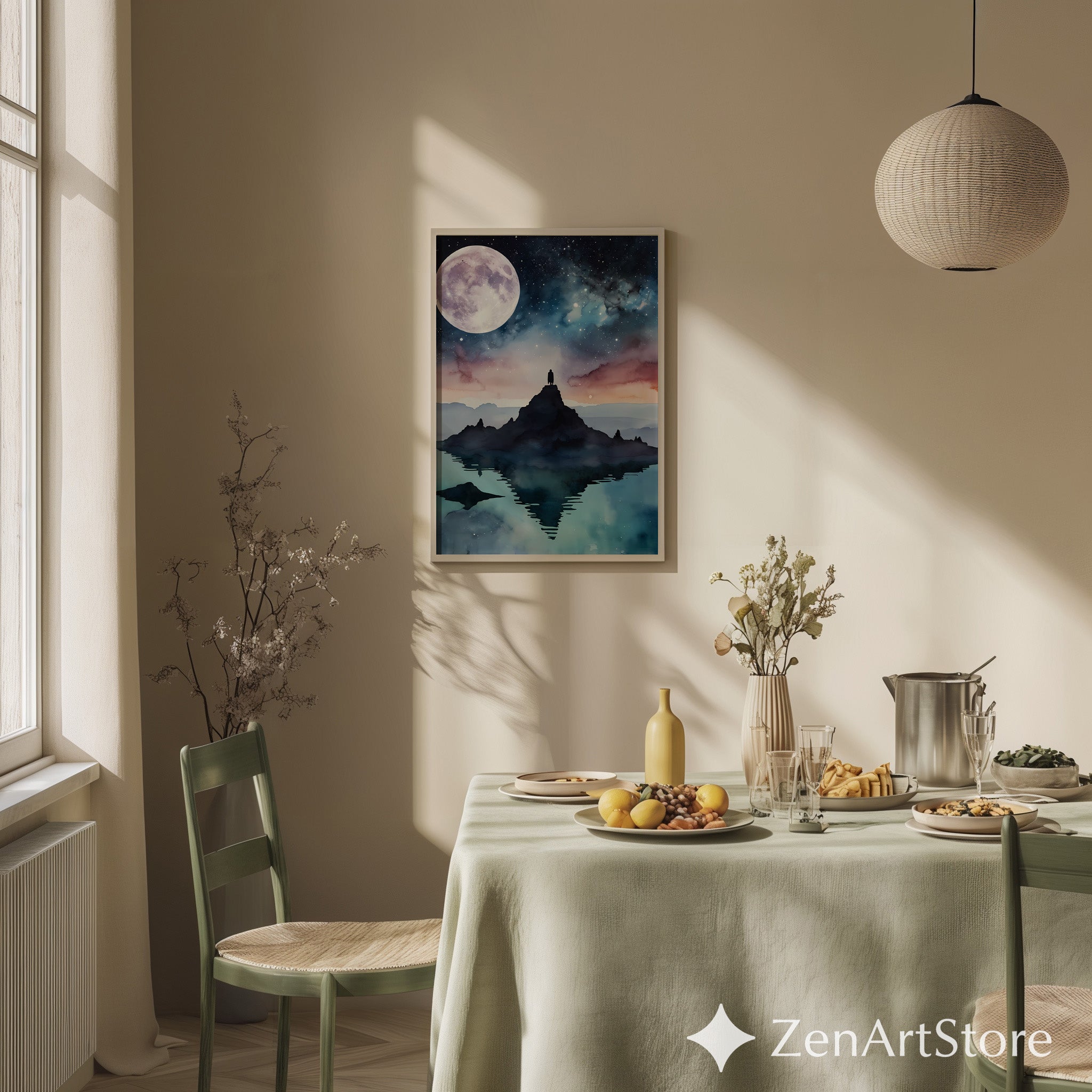 Moonlit Mountain Reflection Art Print - Celestial Watercolor Landscape, Minimal Zen Home Decor, Calm Cosmic Wall Art