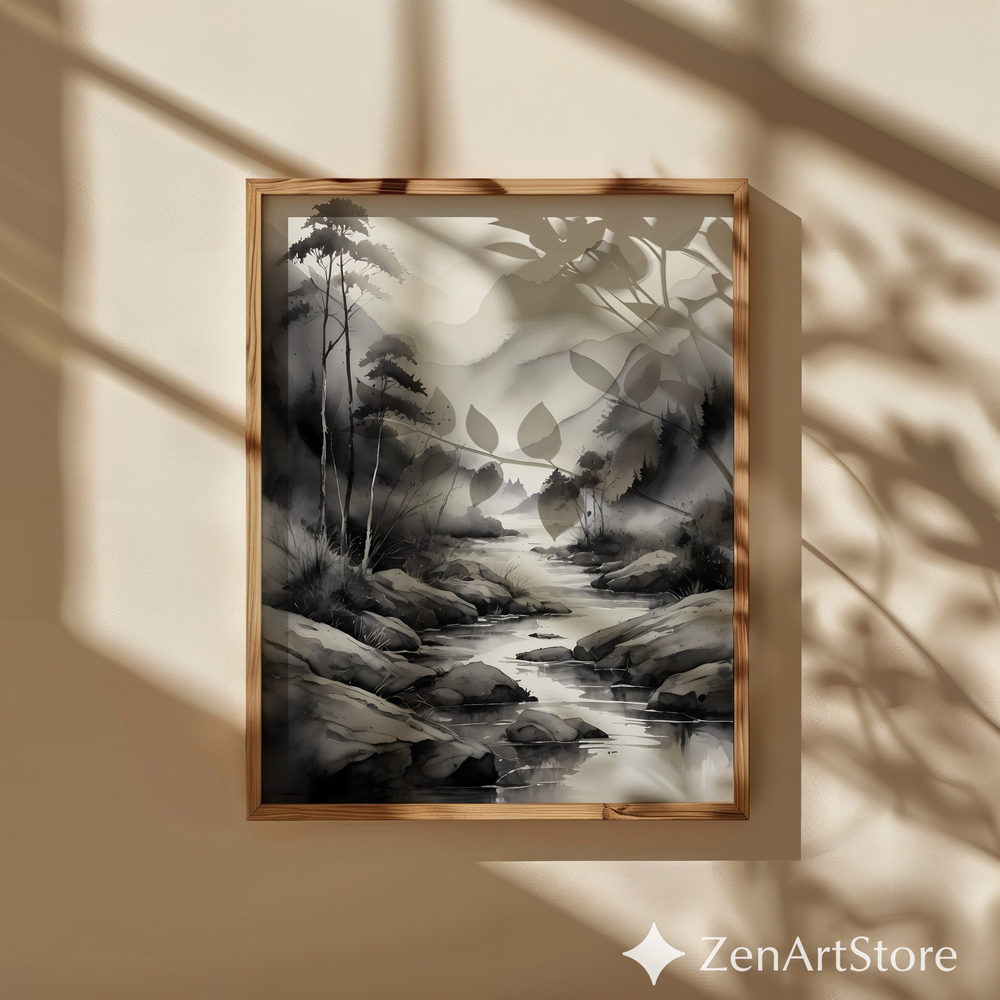 Ink-Wash Mountain River Print - Zen Minimal Monochrome Landscape Wall Art for Japandi, Scandinavian & Wabi-Sabi Decor