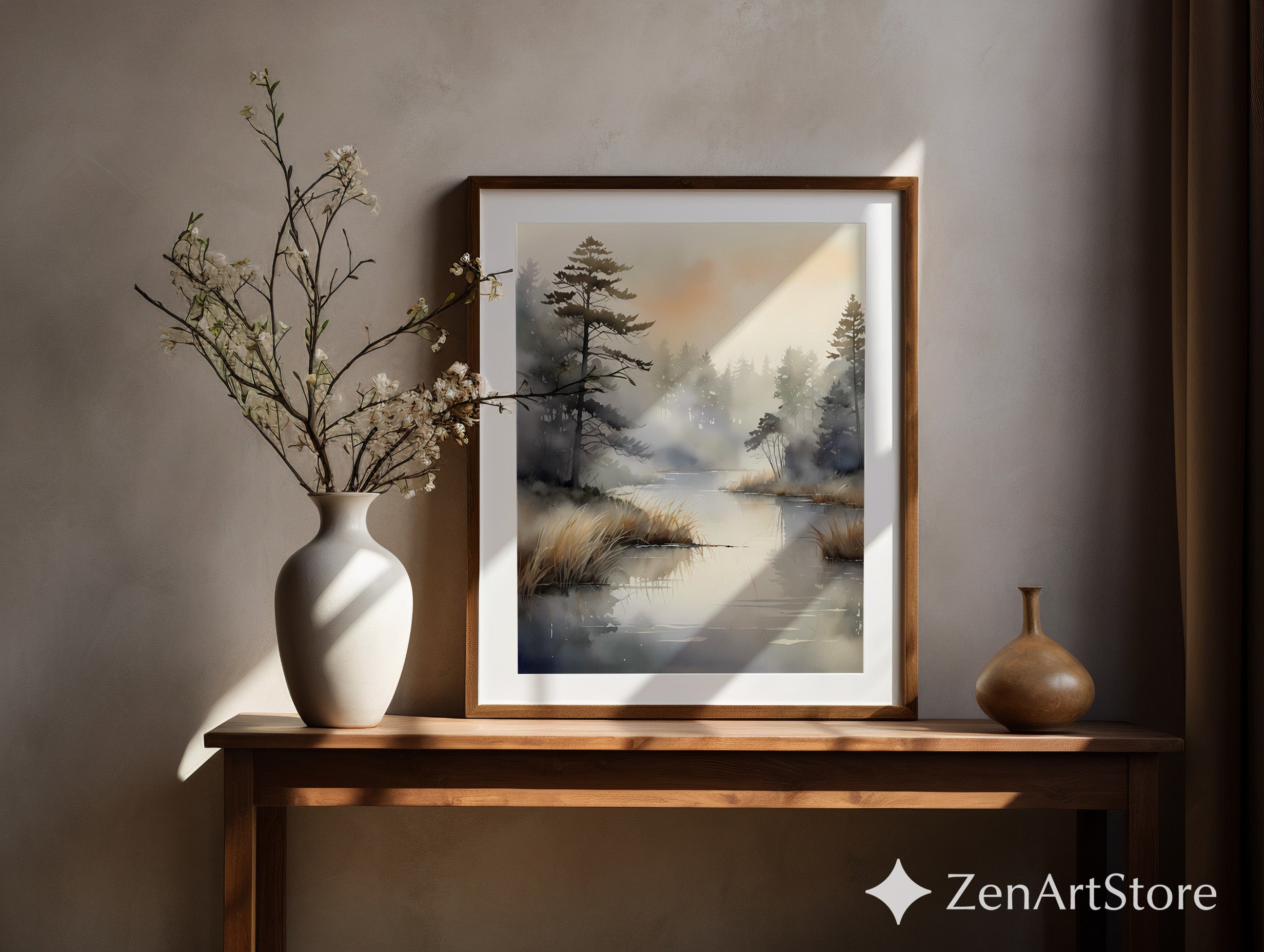Misty Lake Watercolor Wall Art - Neutral Scandinavian Japandi Landscape Print for Calm Living Room Decor