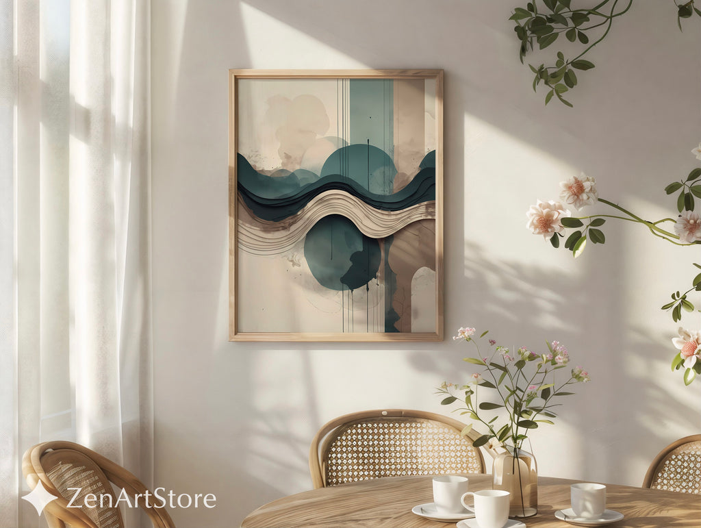 Layered Abstract Landscape Wall Art - Japandi Teal Beige Minimalist Print for Living Room & Bedroom