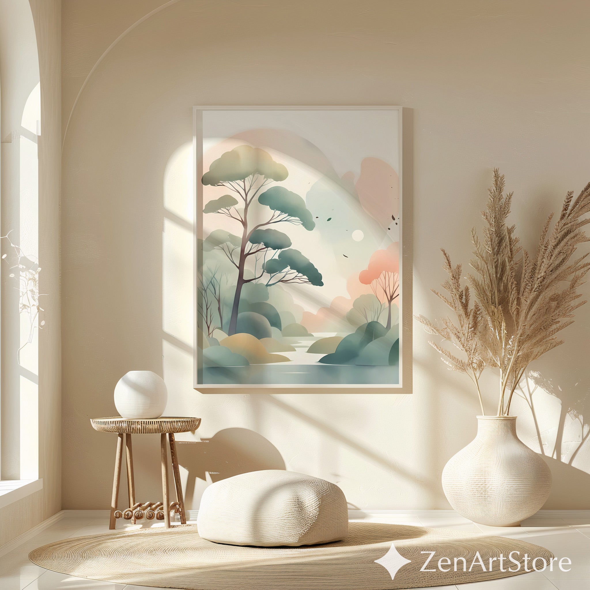 Serene Pastel Landscape Wall Art - Minimal Japandi Tree Print, Neutral Scandinavian Zen Botanical for Living Room & Bedroom
