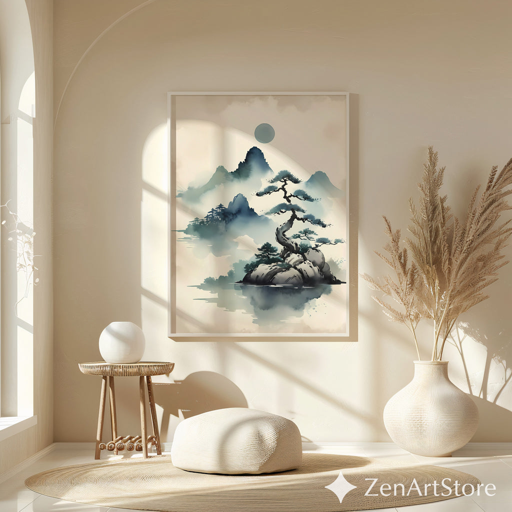 Zen Ink Landscape Print - Misty Mountain Bonsai Art, Minimal Japandi Wall Decor for Neutral Modern Homes