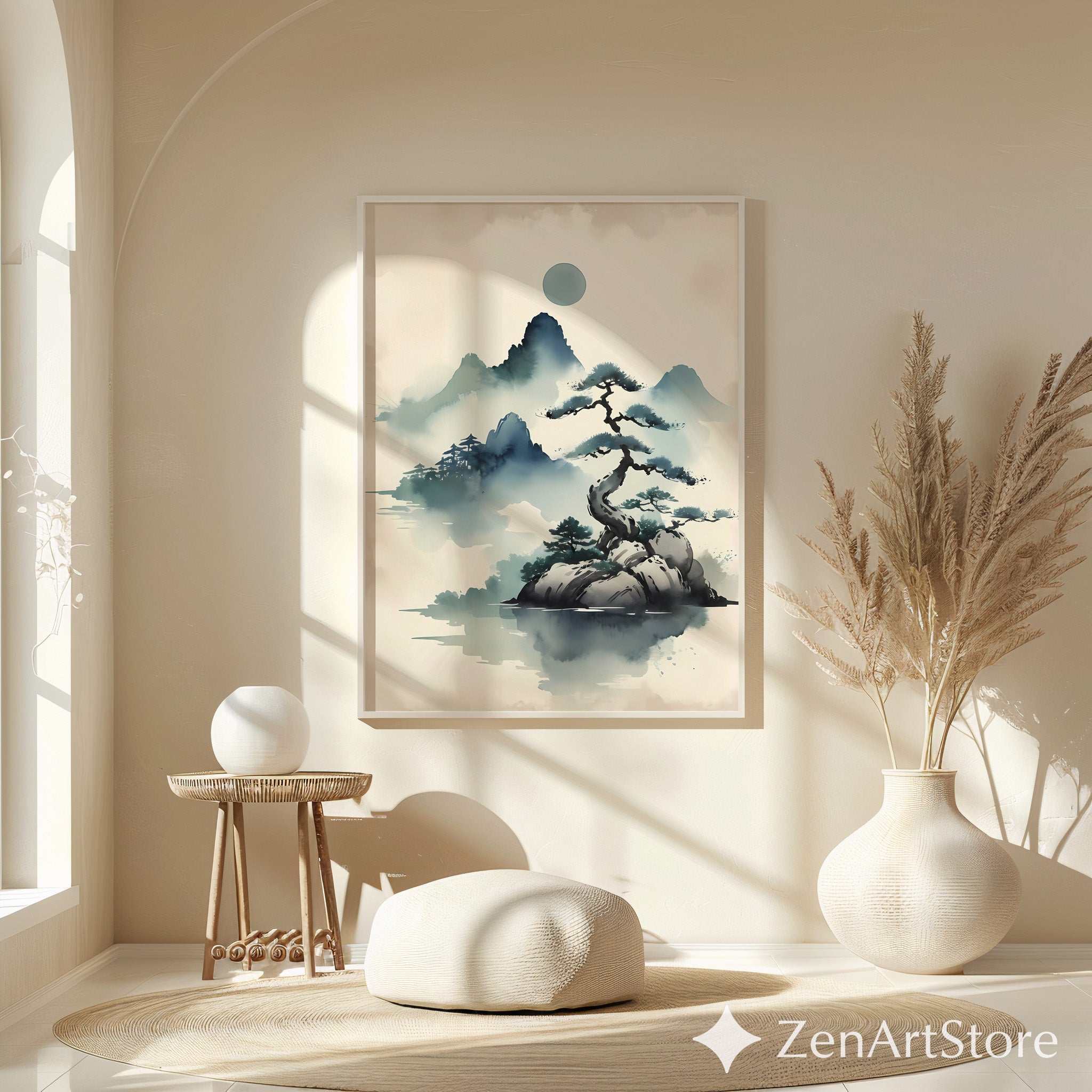 Zen Ink Landscape Print - Misty Mountain Bonsai Art, Minimal Japandi Wall Decor for Neutral Modern Homes