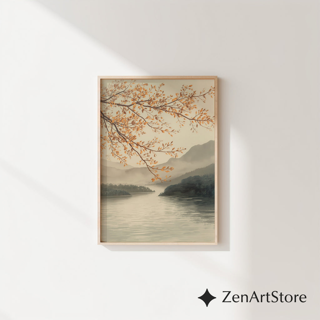 Autumn Lake Branch Wall Art - Neutral Japandi Landscape Print Minimal Zen Botanical Home Decor