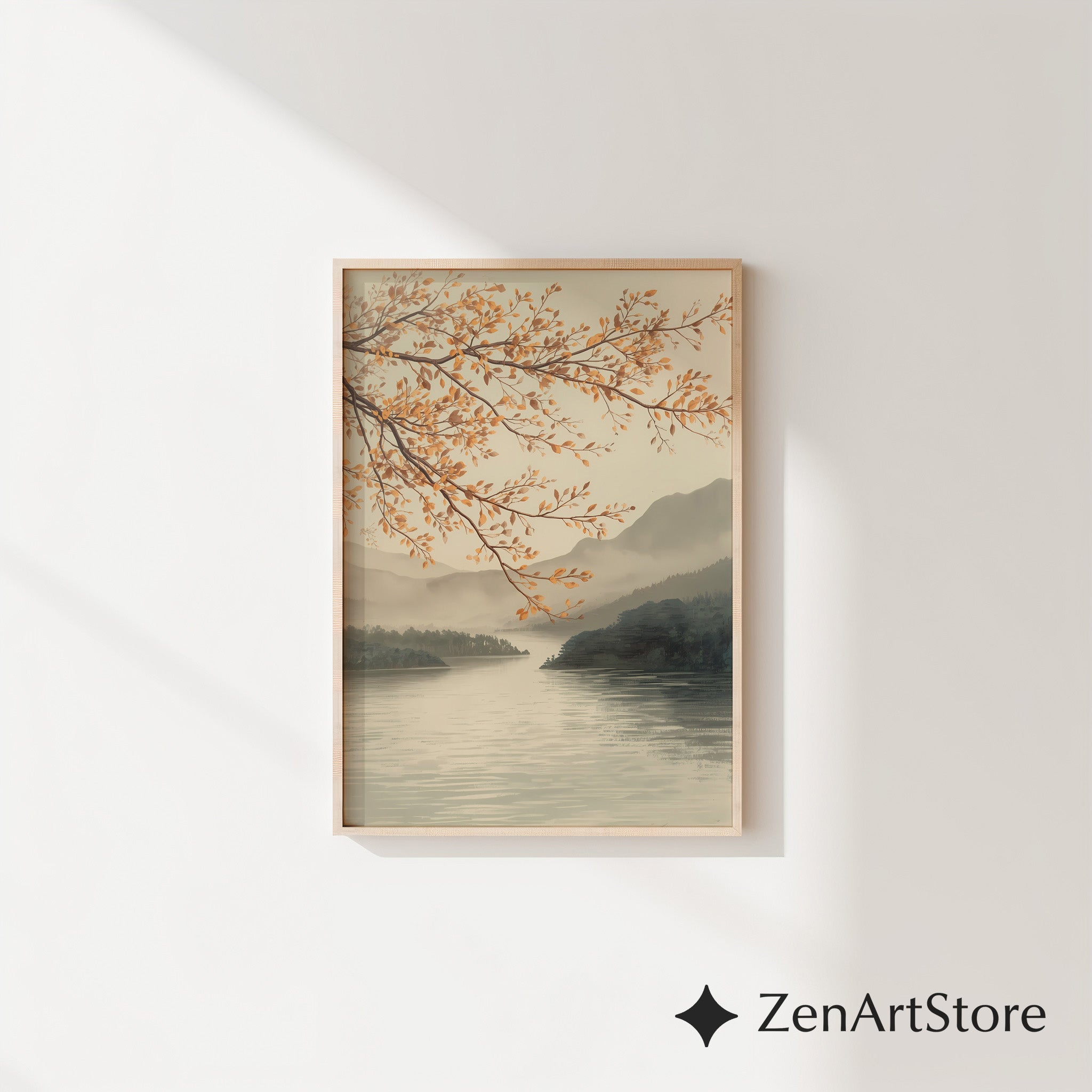 Autumn Lake Branch Wall Art - Neutral Japandi Landscape Print Minimal Zen Botanical Home Decor