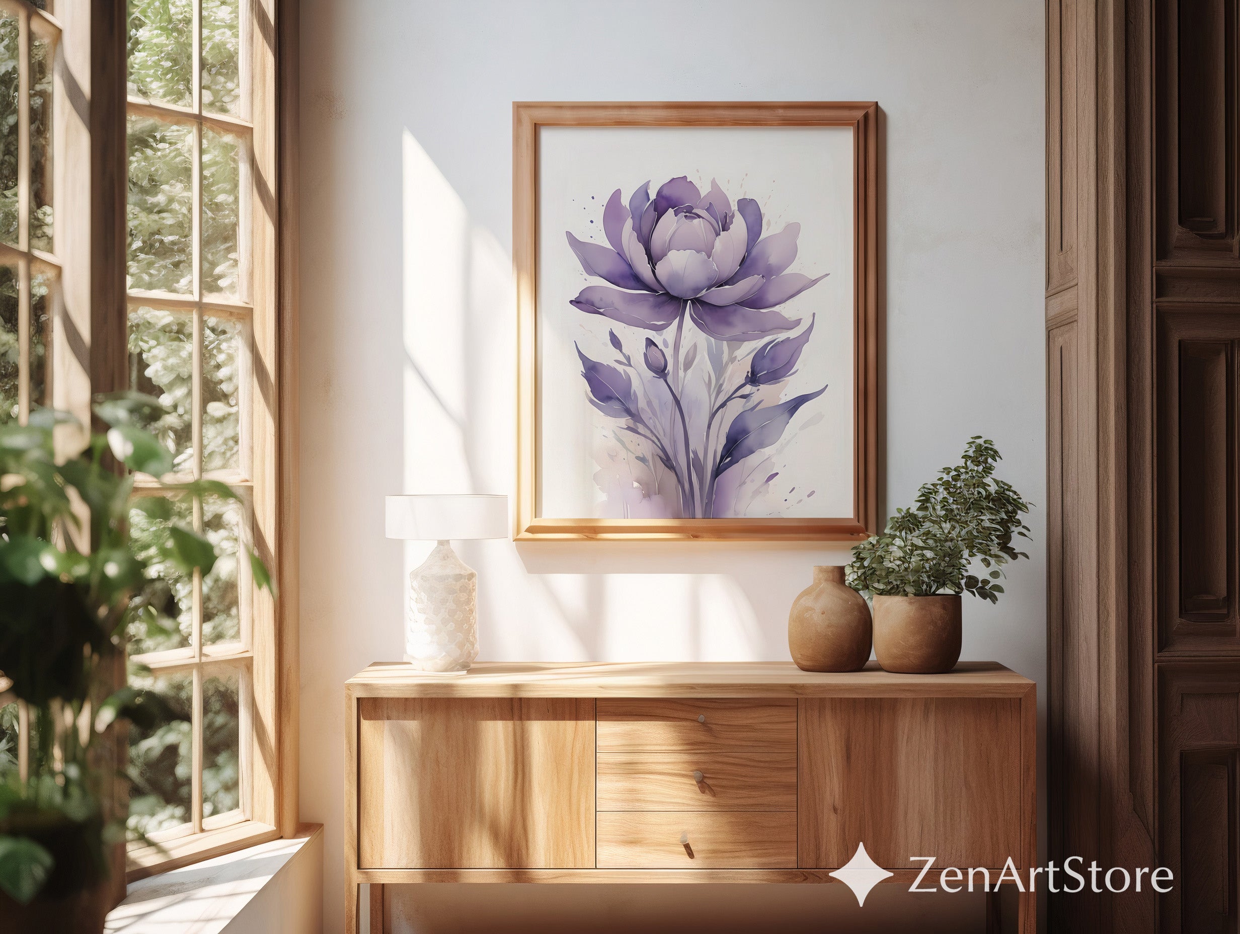 Purple Watercolor Flower Print - Minimal Botanical Wall Art for Living Room, Bedroom, Nursery - Modern Japandi Scandinavian Floral Decor