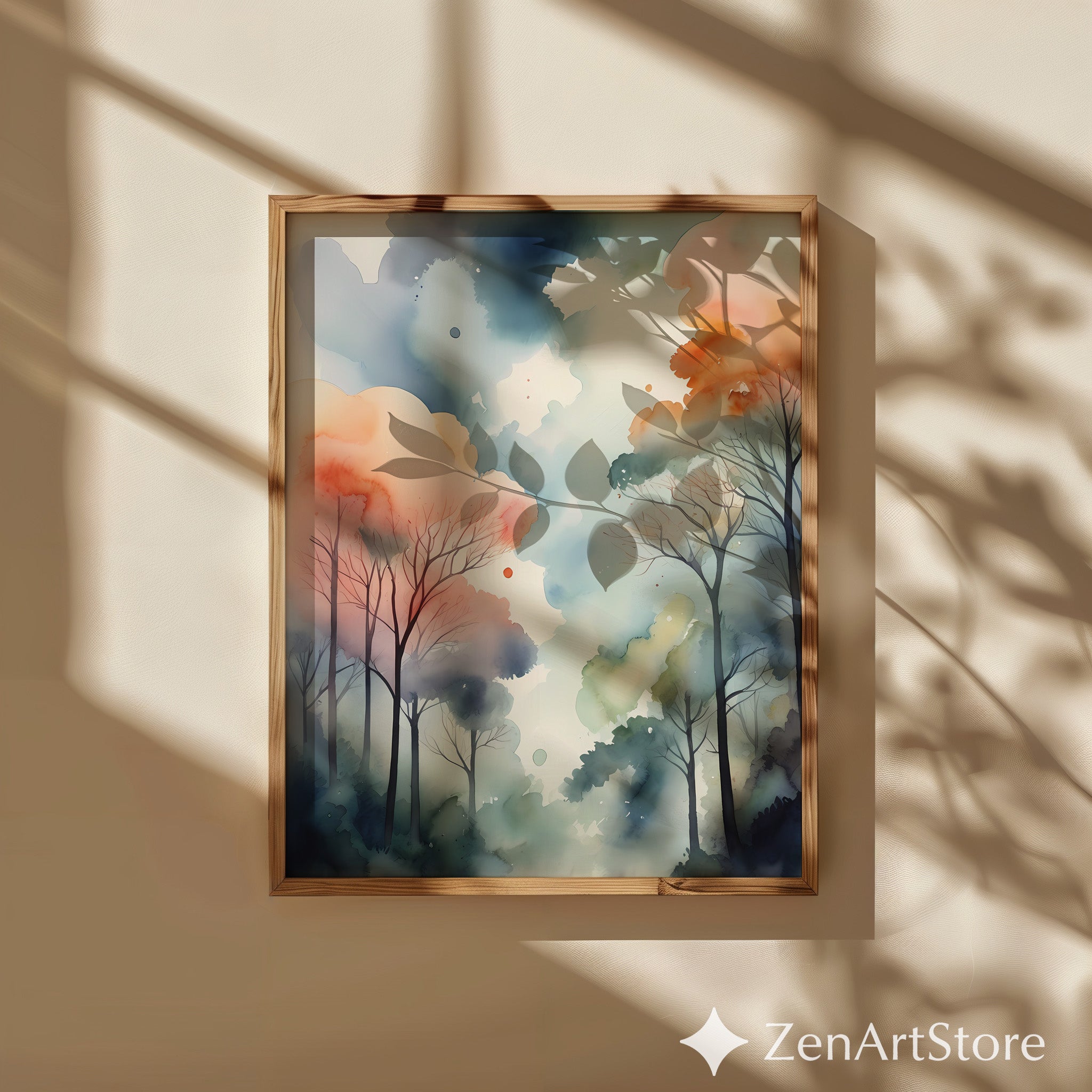 Misty Watercolor Forest Print — Pastel Abstract Trees Wall Art for Living Room, Bedroom, Nursery (Zen Japandi Minimal)