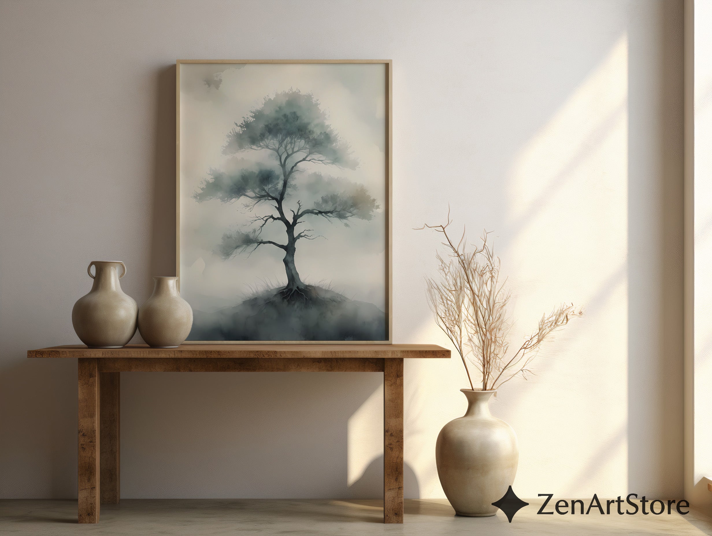 Misty Tree Watercolor Print - Minimal Zen Tree Wall Art, Japandi Neutral Botanical Canvas for Living Room & Bedroom