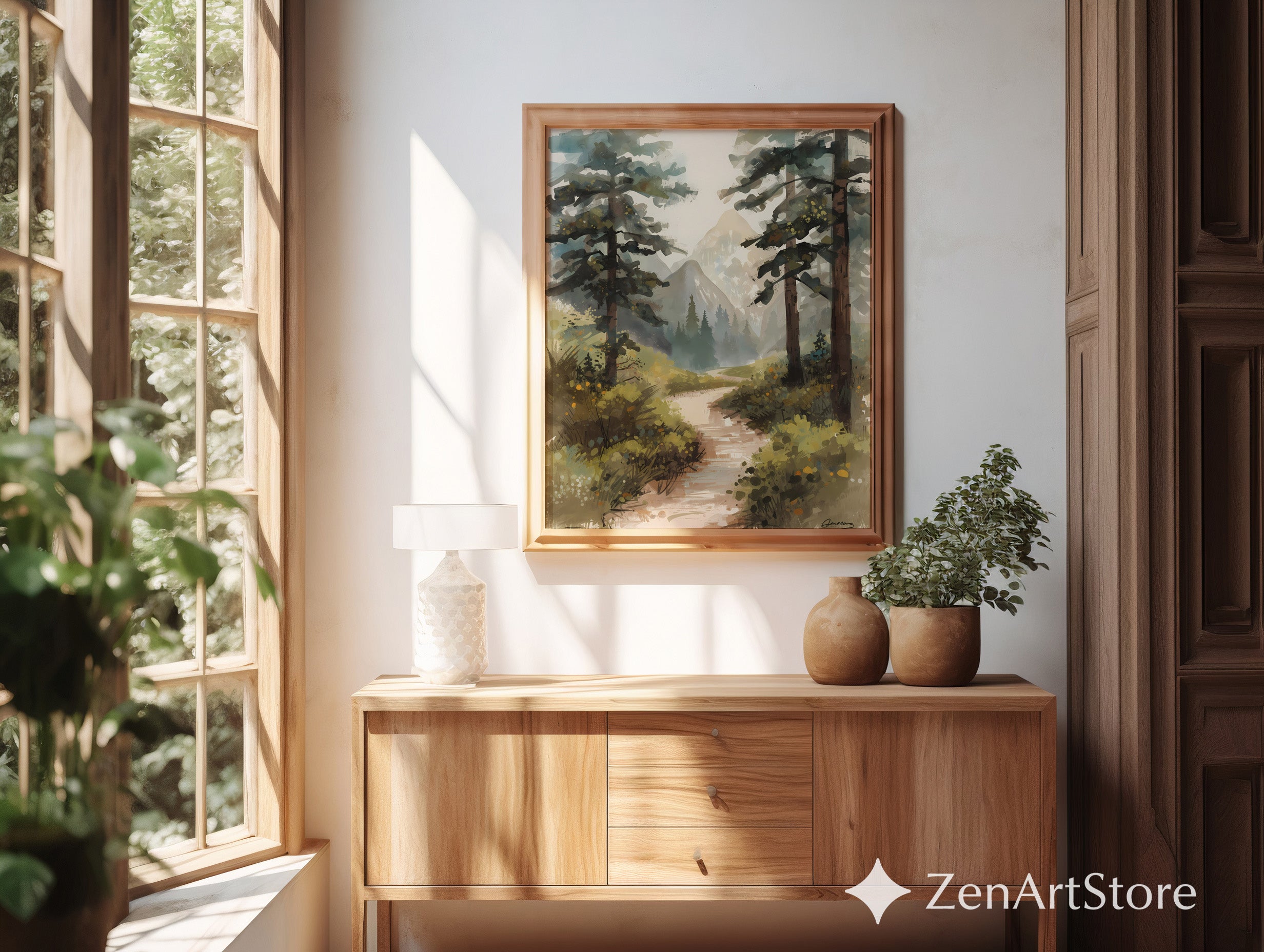 Misty Mountain Path Landscape Art Print - Calm Neutral Forest Painting for Living Room, Bedroom or Cabin Decor