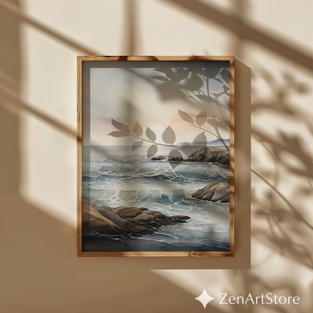 Minimal Coastal Seascape Print - Serene Ocean Waves & Rocky Shore | Neutral Beige Blue Japandi Wall Art for Calm Home Decor