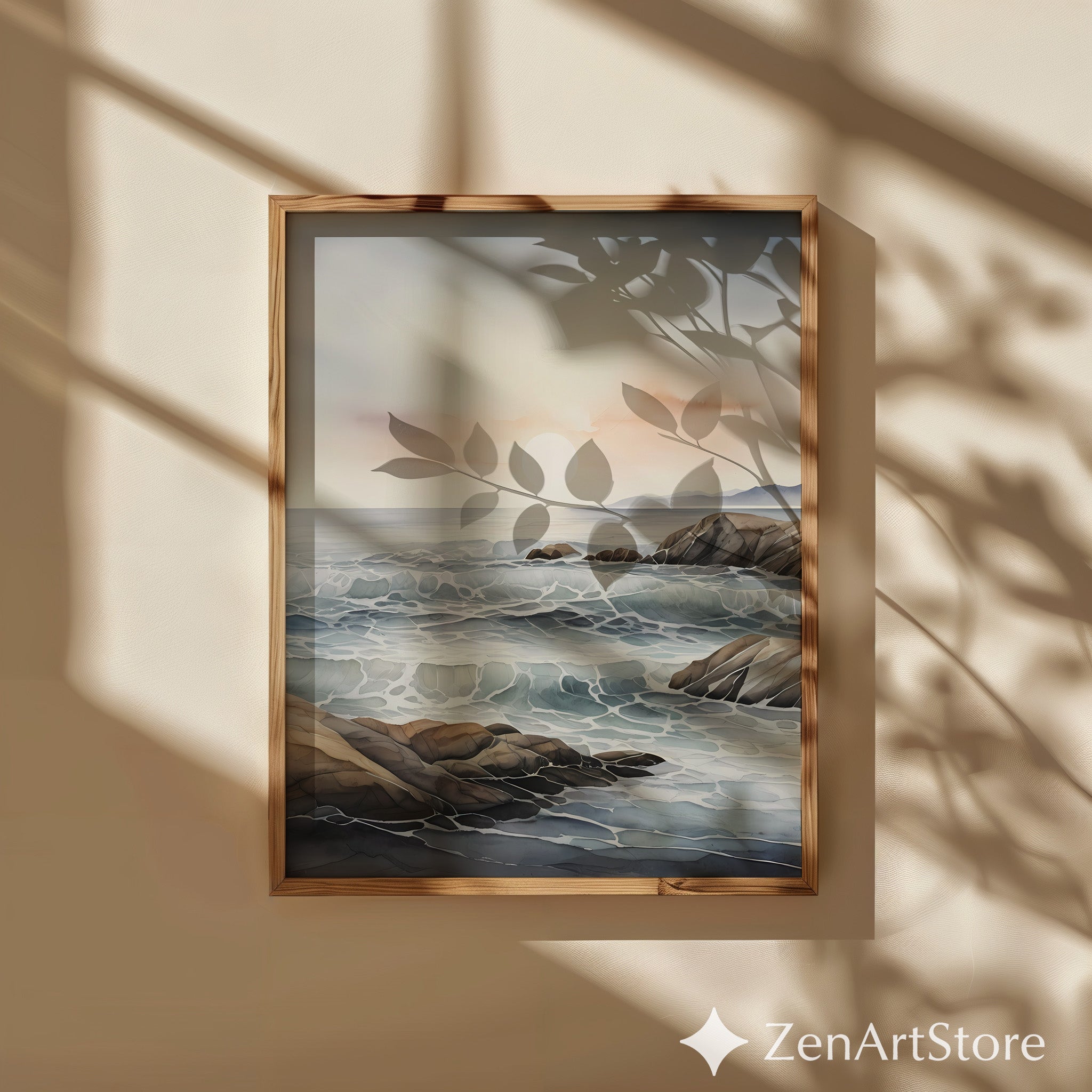 Minimal Coastal Seascape Print - Serene Ocean Waves & Rocky Shore | Neutral Beige Blue Japandi Wall Art for Calm Home Decor