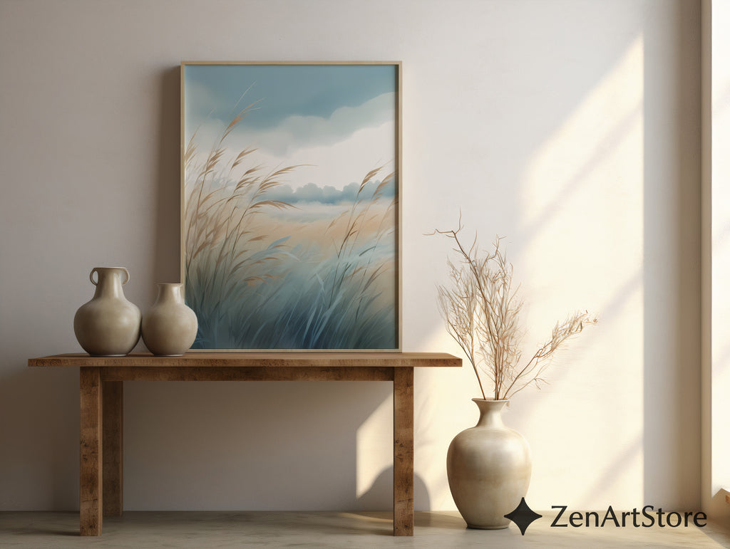 Serene Coastal Grass Landscape Print – Minimal Pastel Botanical Wall Art, Neutral Zen Decor for Living Room, Bedroom, Japandi & Boho Interiors