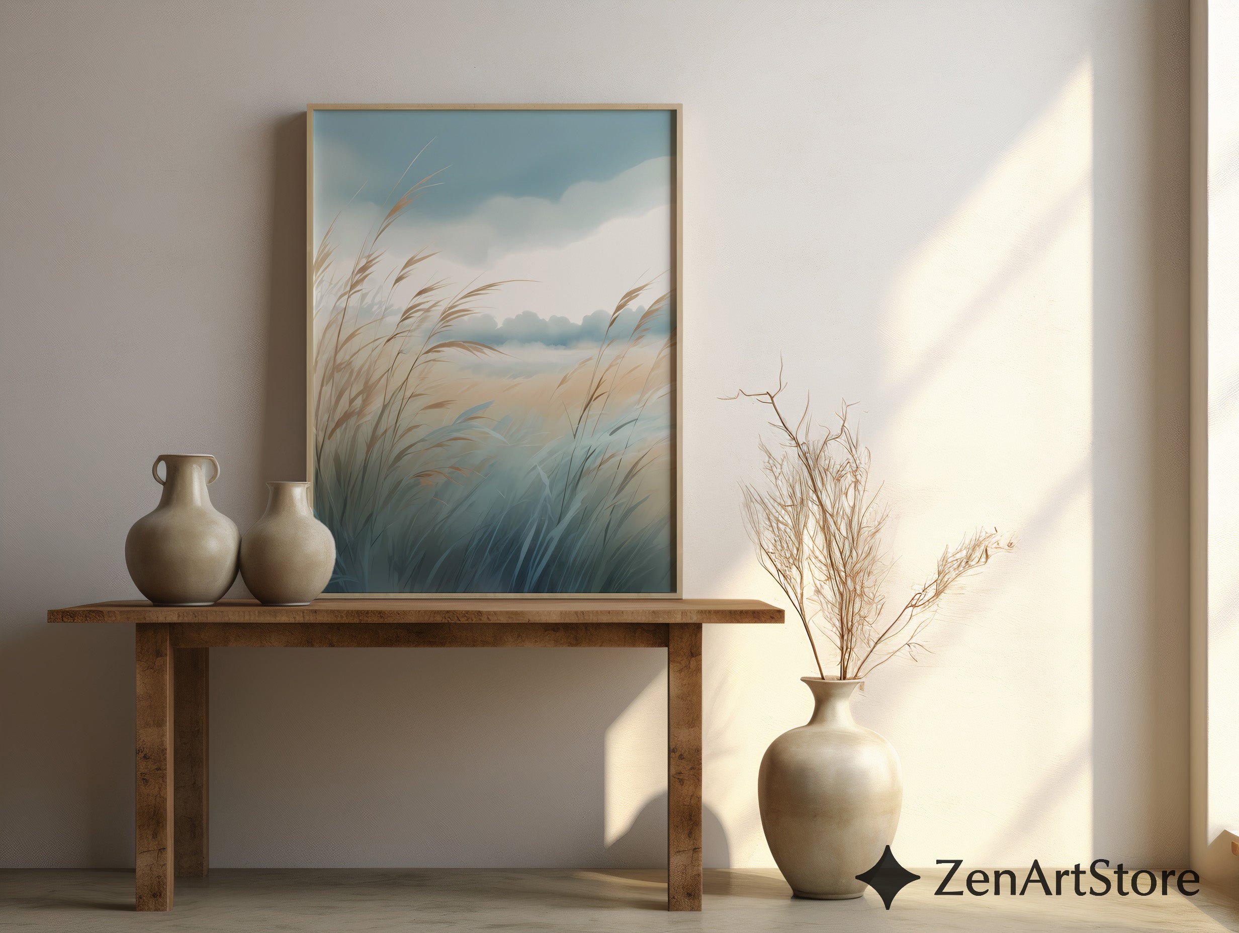 Serene Coastal Grass Landscape Print – Minimal Pastel Botanical Wall Art, Neutral Zen Decor for Living Room, Bedroom, Japandi & Boho Interiors