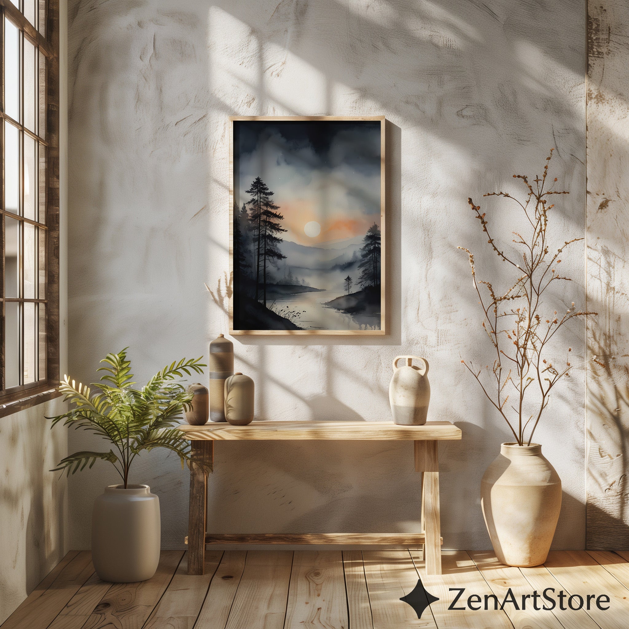 Misty Forest Sunrise Wall Art - Minimal Neutral Landscape Print, Japandi Wabi Sabi Lake Reflection for Living Room
