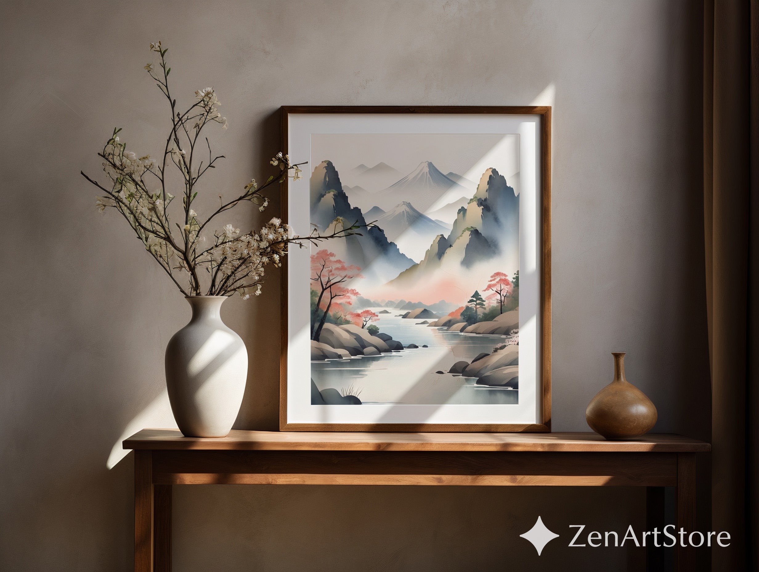 Misty Japanese Mountain Watercolor Print - Zen Cherry Blossom Landscape Art for Living Room Japandi Minimal Wall Decor