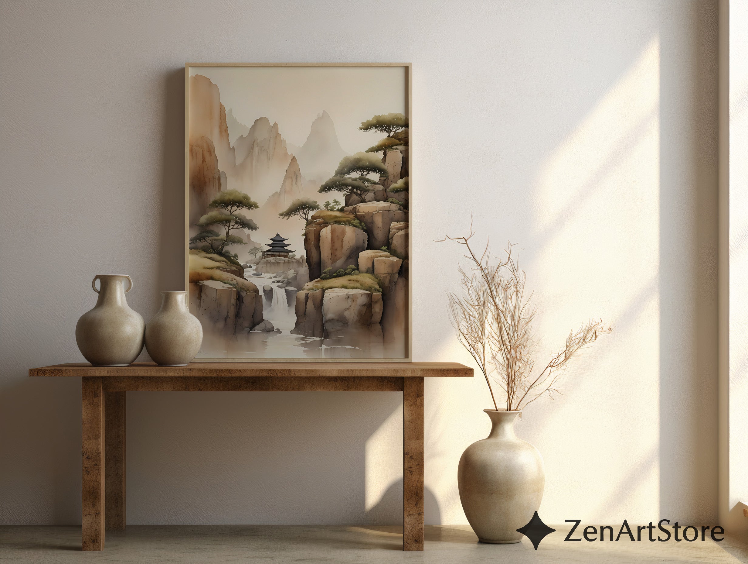 Misty Mountain Pagoda Art Print - Zen Japandi Landscape Wall Art, Neutral Beige Brown Waterfall Poster for Living Room