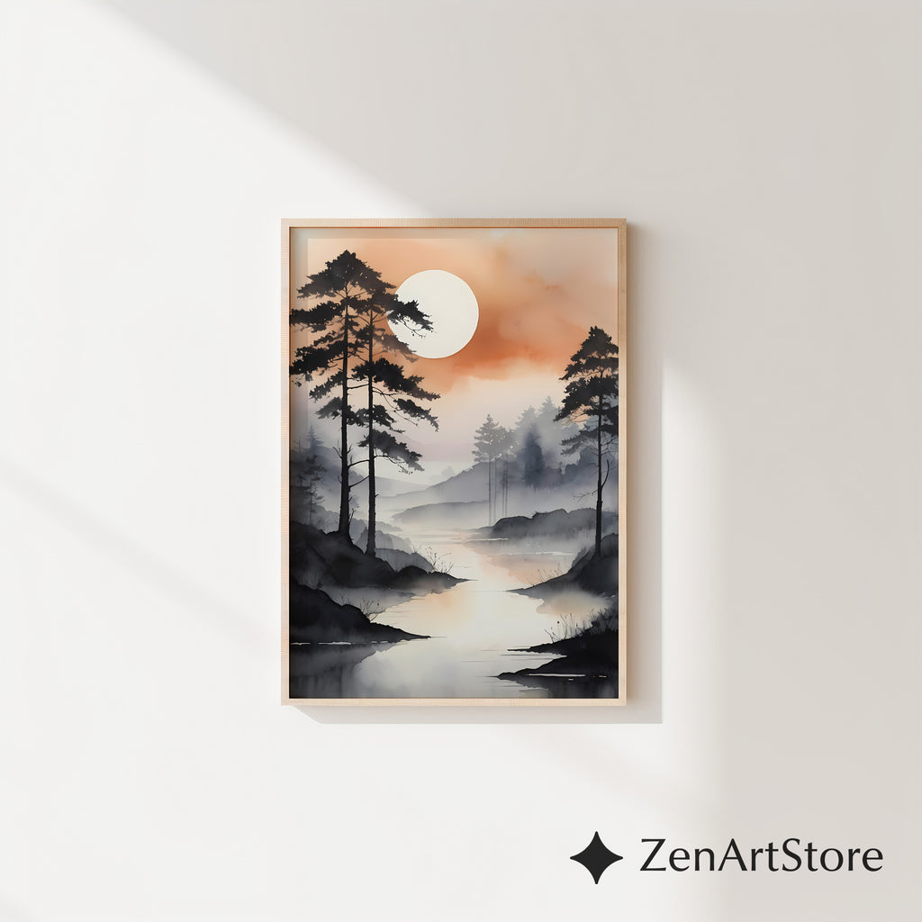 Misty River Landscape Wall Art - Zen Japandi Minimal Sunset Print, Neutral Wabi Sabi Home Decor