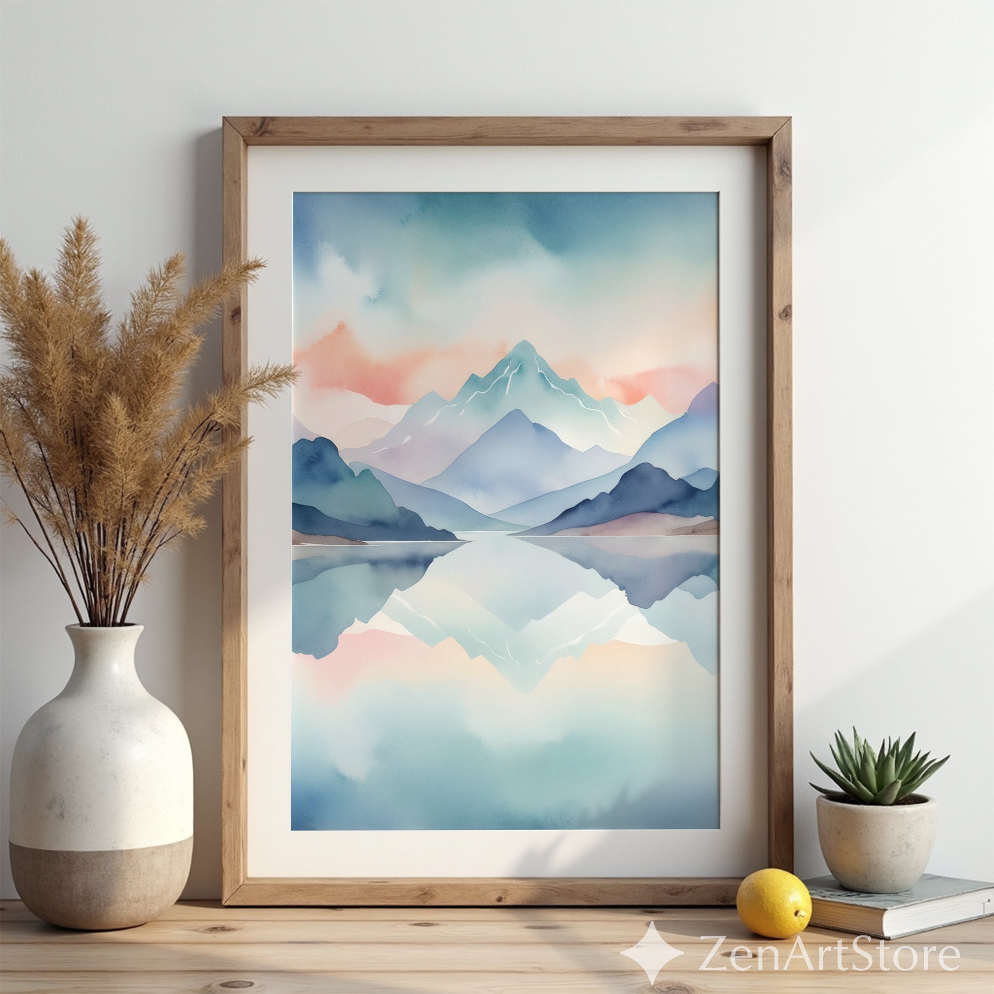 Pastel Watercolor Mountain Print - Calming Lake Reflection Wall Art for Living Room, Bedroom, Nursery - Minimal Japandi Home Decor