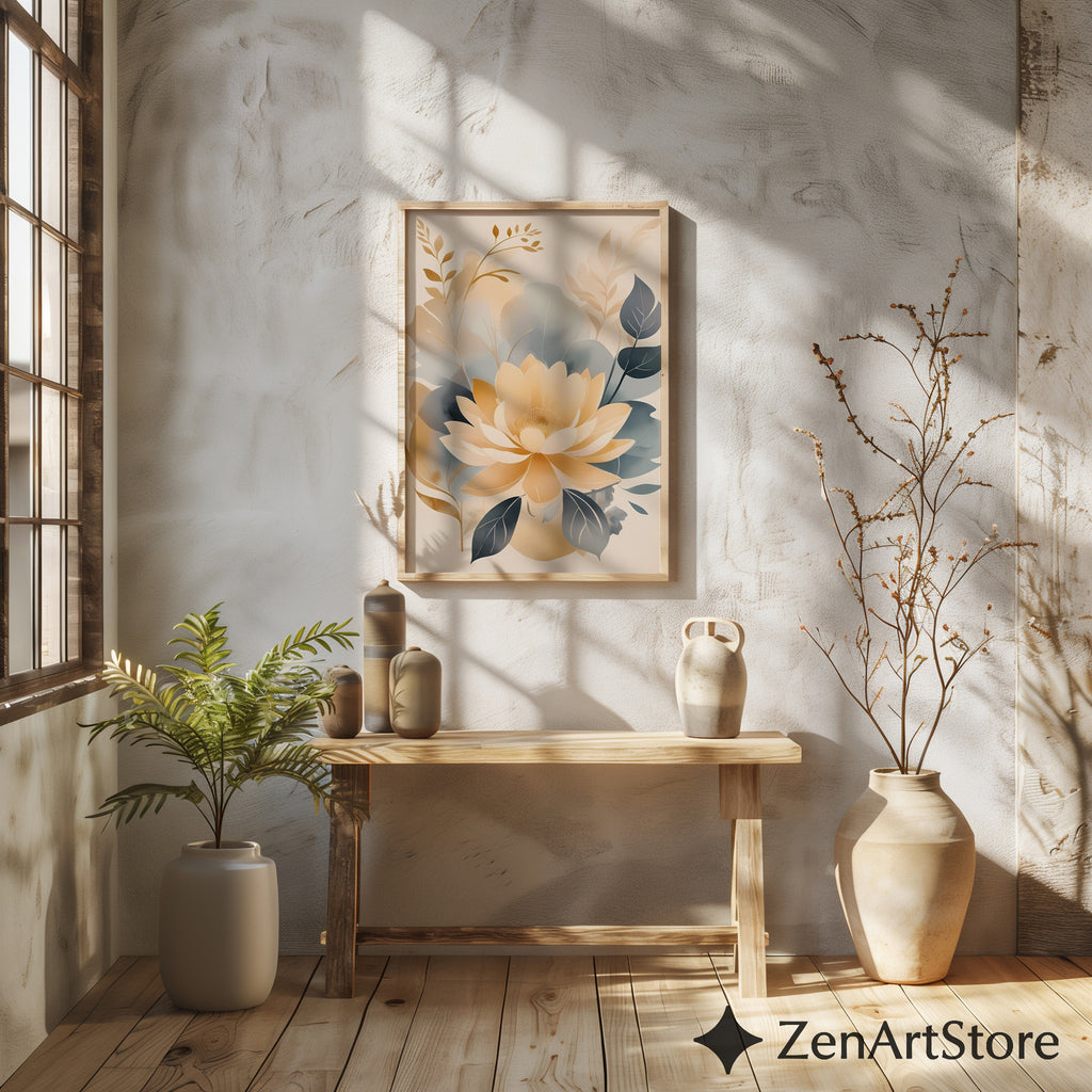 Beige Gold Floral Wall Art Print - Minimal Neutral Botanical Decor for Japandi, Scandinavian Living Room & Bedroom