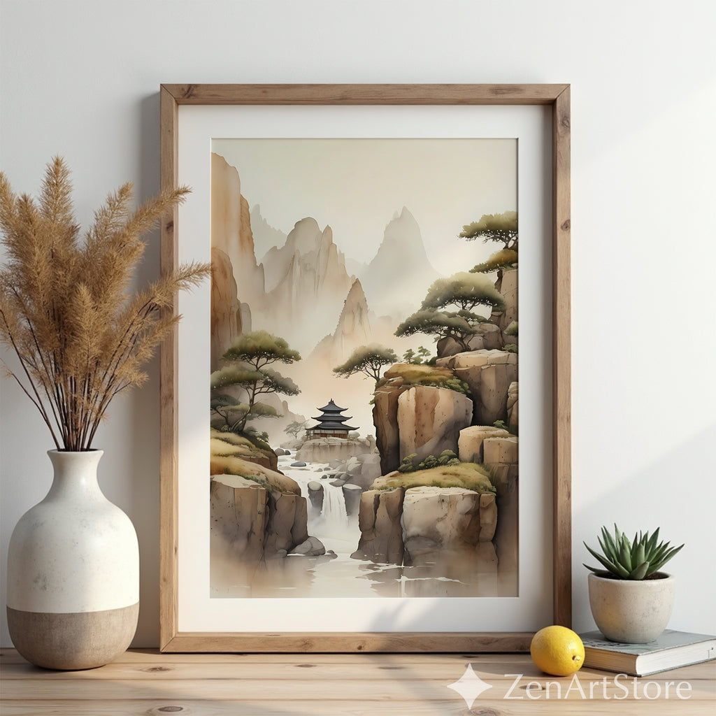 Misty Mountain Pagoda Art Print - Zen Japandi Landscape Wall Art, Neutral Beige Brown Waterfall Poster for Living Room