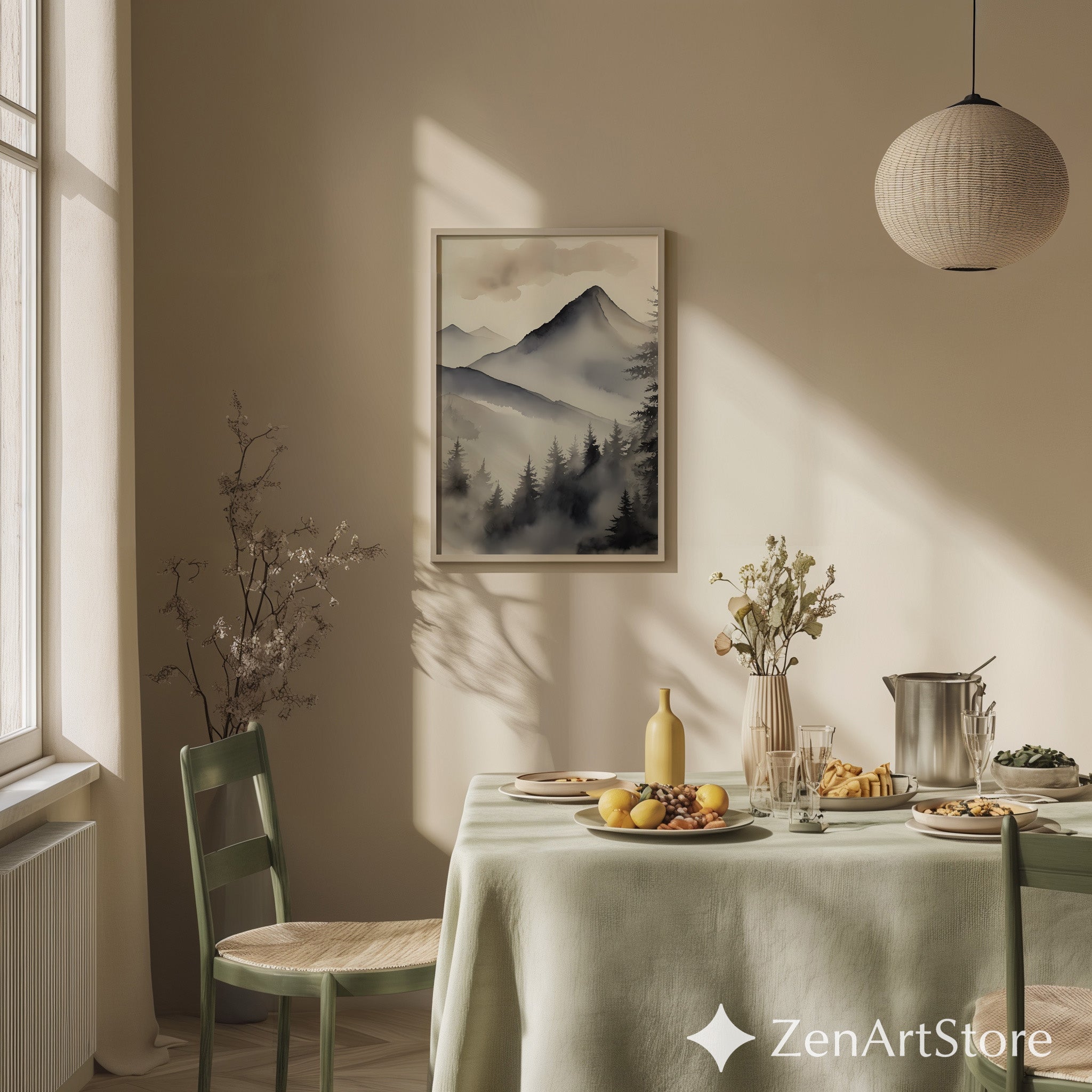 Misty Mountain Watercolor Print - Neutral Zen Landscape Wall Art for Calm, Japandi & Scandinavian Home Decor