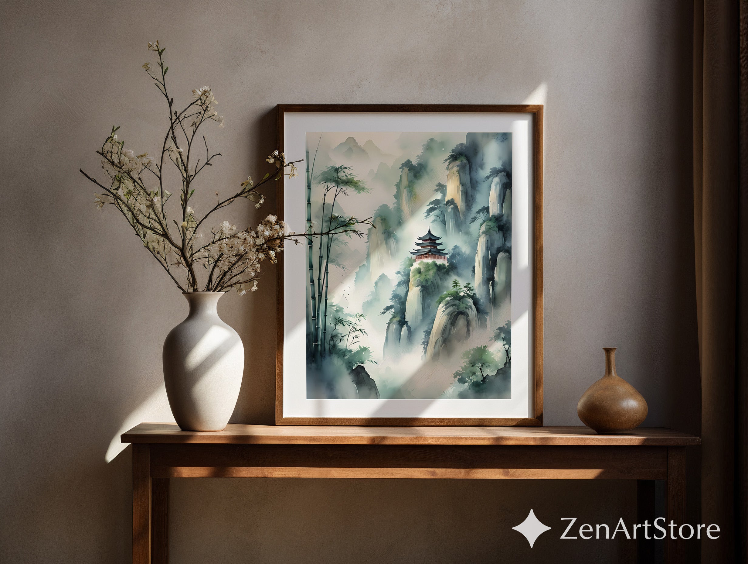 Misty Mountain Pagoda Art Print - Zen Chinese Landscape Watercolor, Bamboo Wall Art for Living Room, Japandi Minimalist Decor