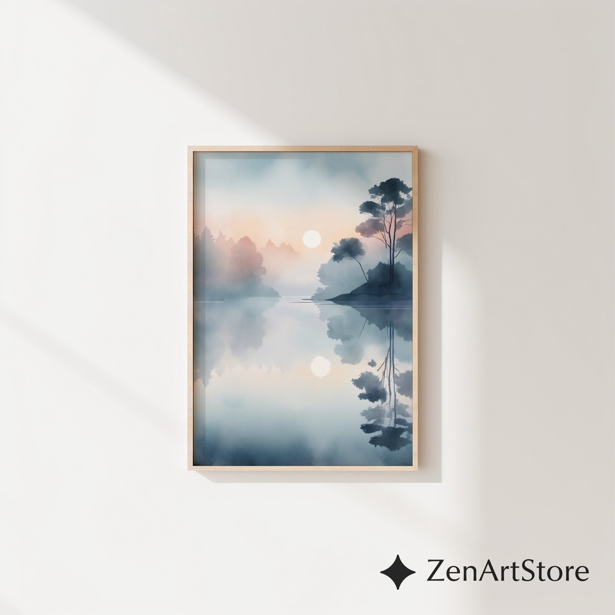 Misty Lake Sunrise Minimal Landscape Print - Calm Japandi Wall Art, Neutral Scandinavian Reflection