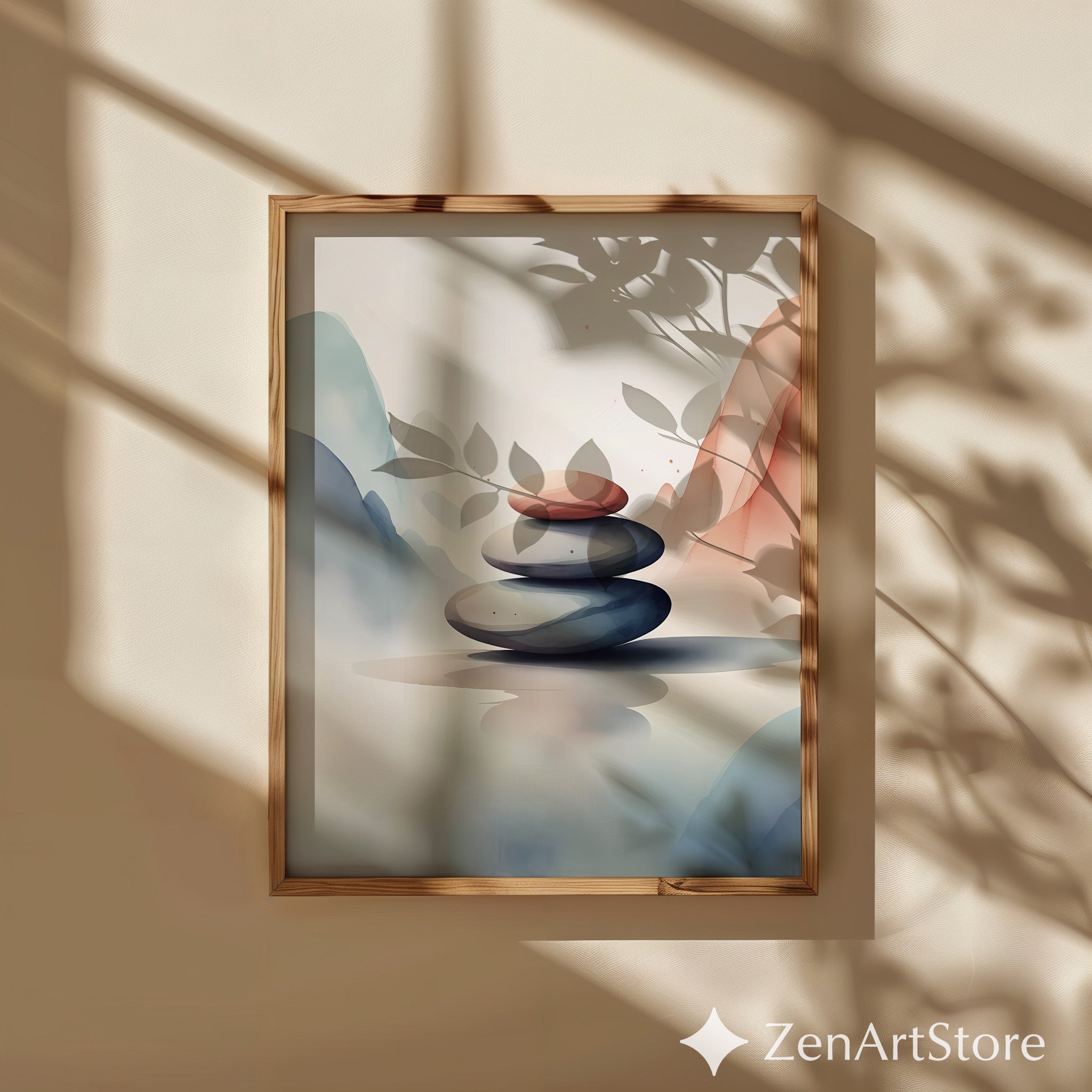 Zen Stone Stack Wall Art - Minimal Neutral Abstract Landscape Print, Japandi Wabi Sabi Home Decor