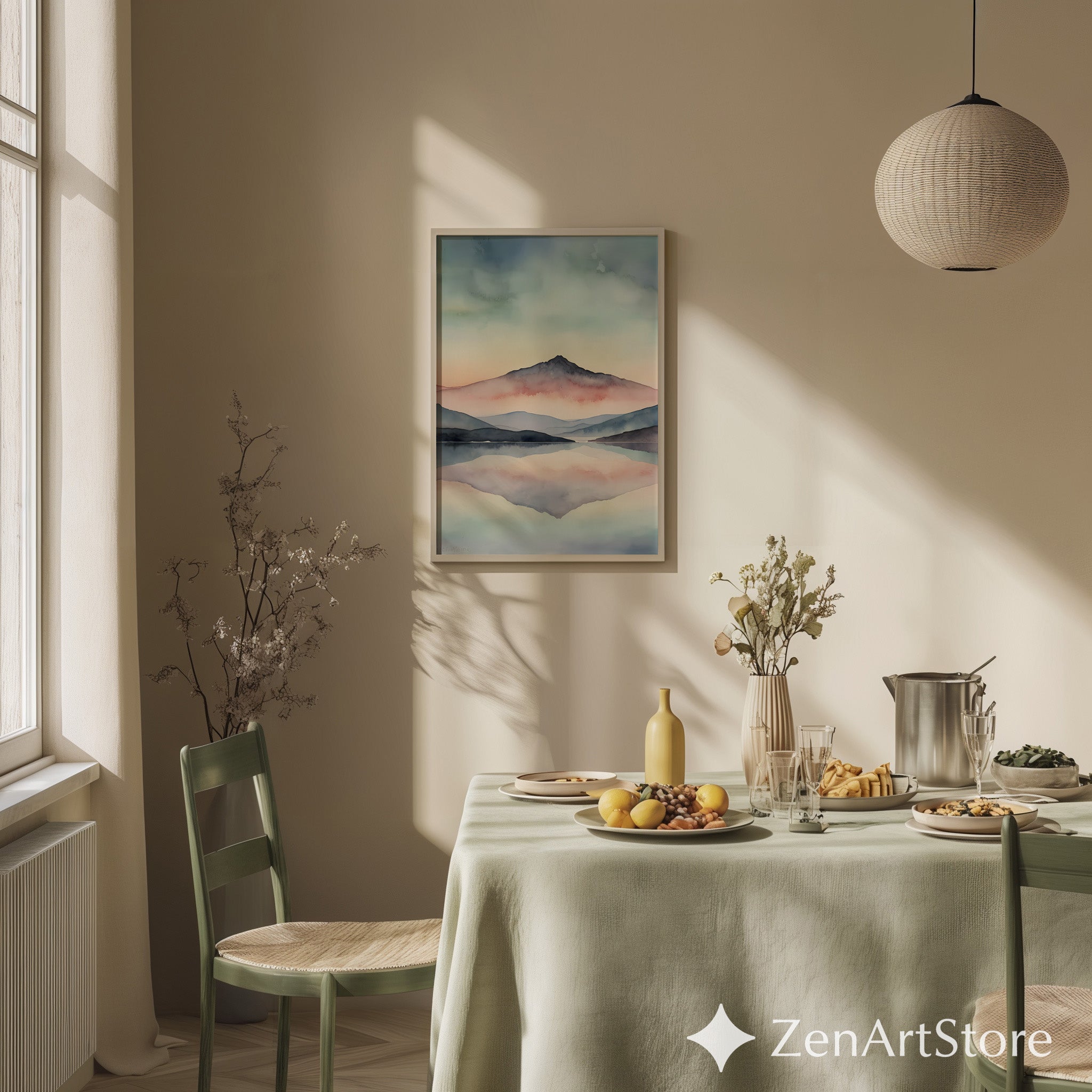 Pastel Mountain Watercolor Print - Calming Landscape Wall Art for Living Room, Zen Minimal Japandi Home Decor