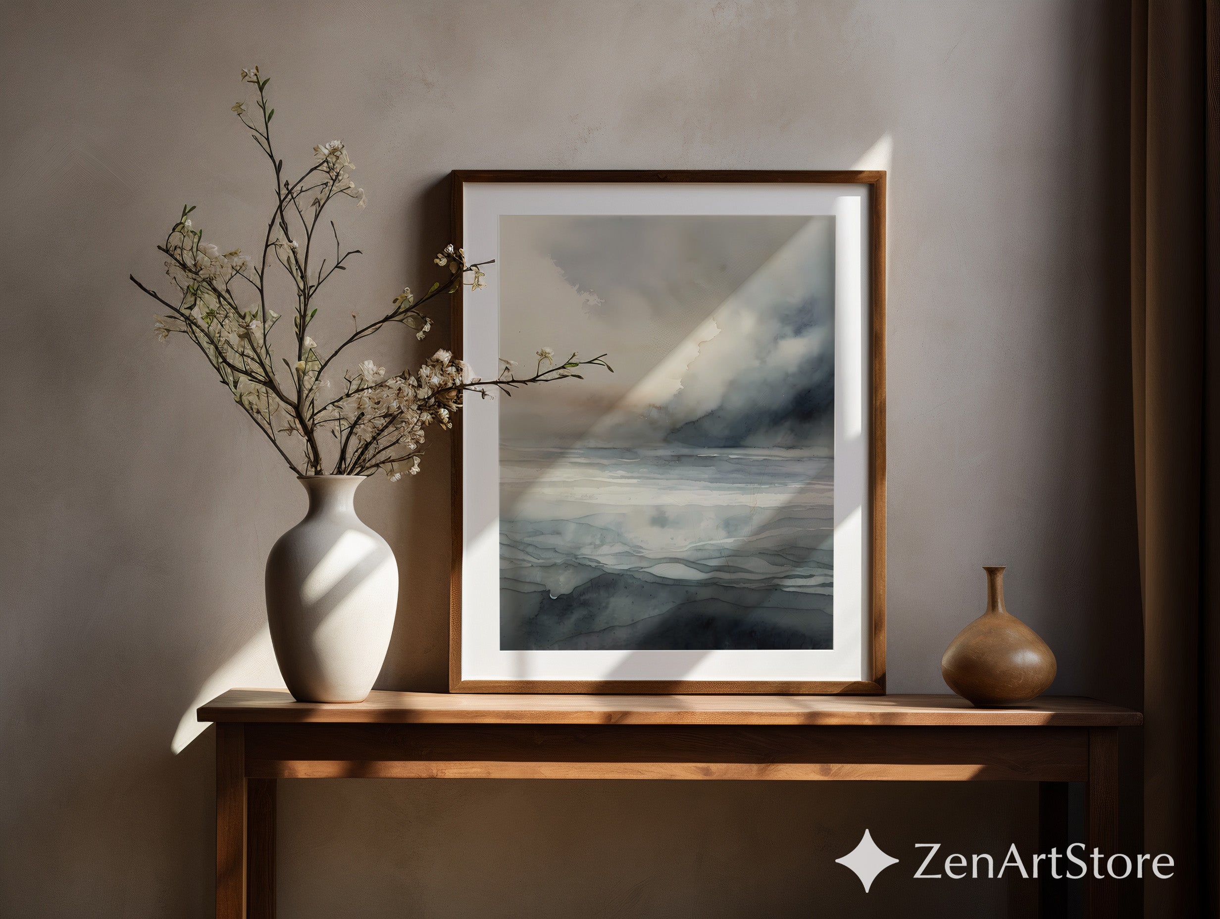 Neutral Abstract Seascape Wall Art - Minimal Coastal Watercolor Print, Calm Japandi Wabi Sabi Landscape for Living Room