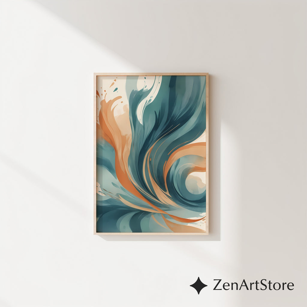 Abstract Teal & Terracotta Wall Art - Modern Minimalist Printable Canvas, Calm Japandi Living Room Decor
