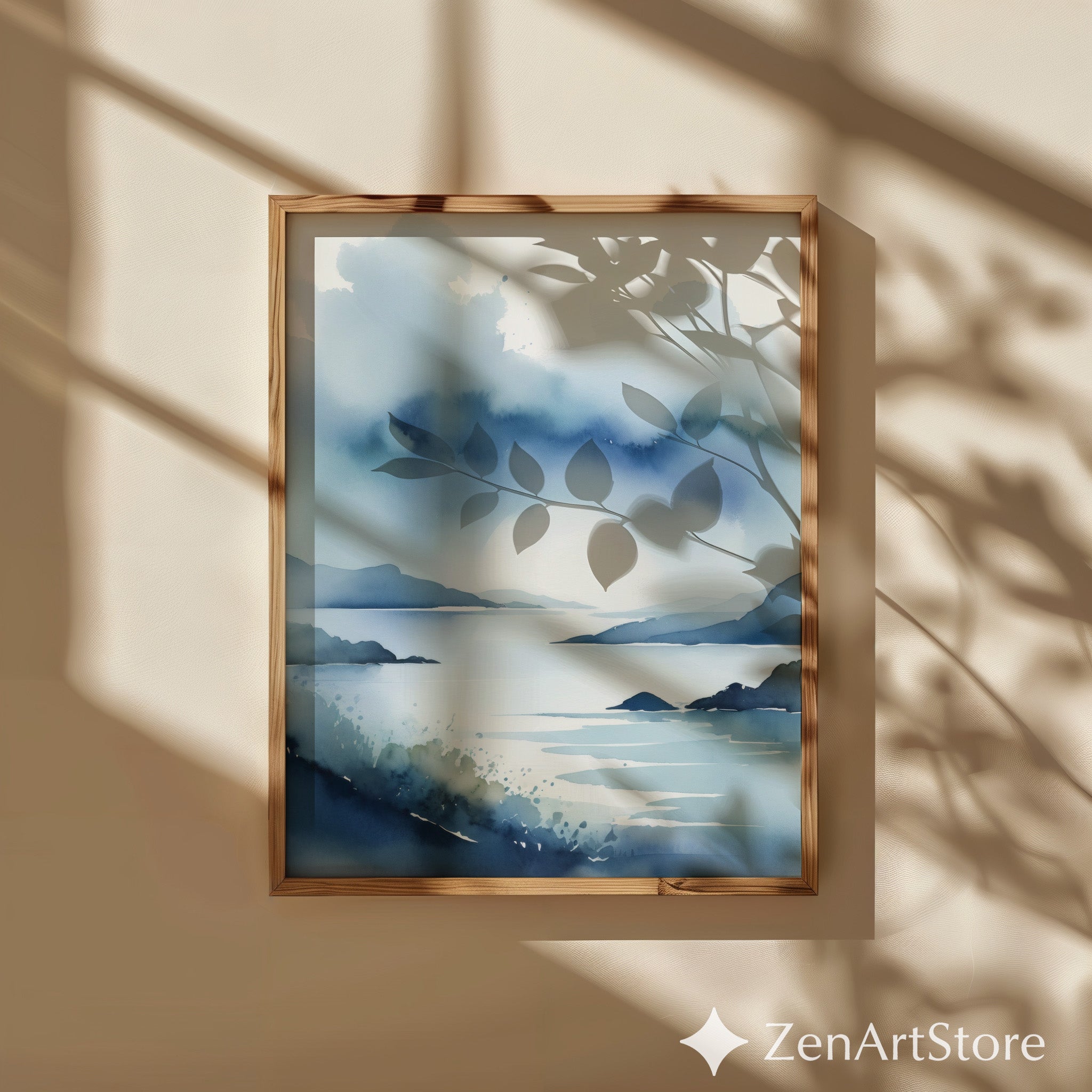 Serene Blue Coastal Watercolor Print – Minimal Seascape Wall Art for Bedroom, Living Room, Zen Japandi Home Decor