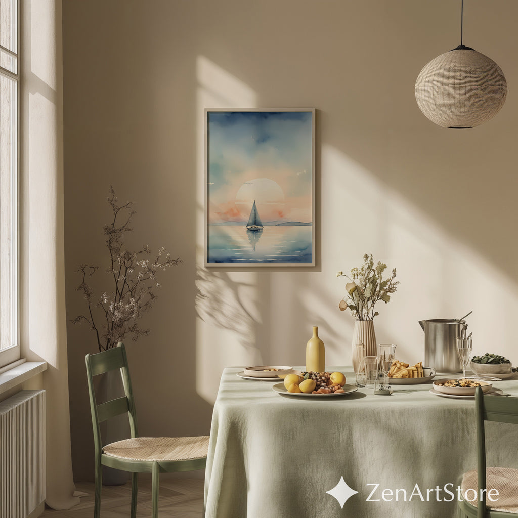 Calm Sailboat Watercolor Print - Serene Sunset Nautical Wall Art for Coastal Home