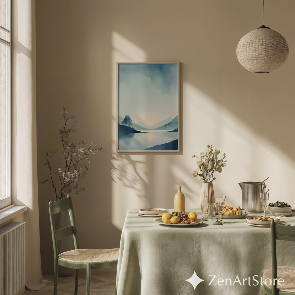 Calm Blue Lake Landscape Print - Minimal Sunrise Wall Art for Scandinavian Japandi Home Decor