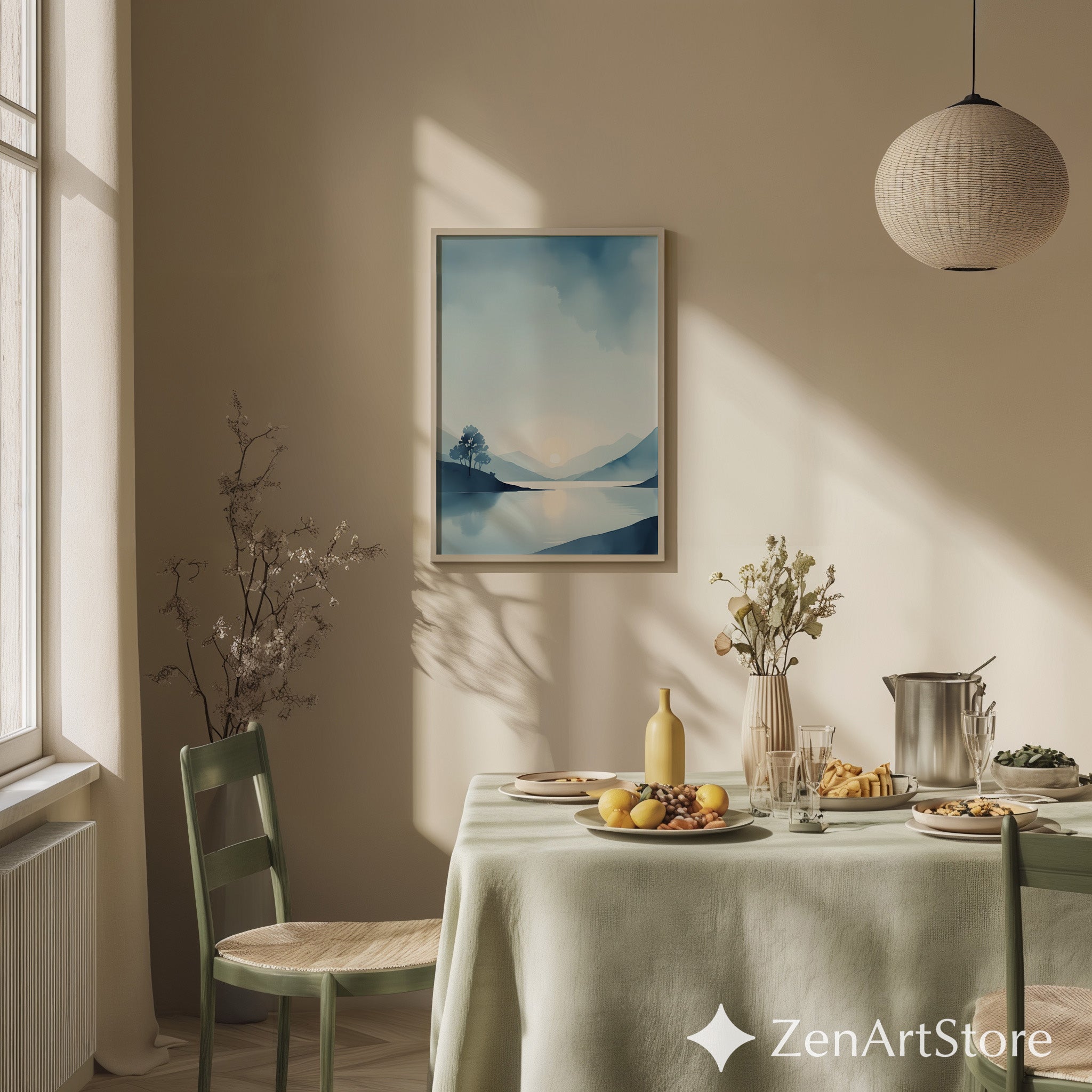 Calm Blue Lake Landscape Print - Minimal Sunrise Wall Art for Scandinavian Japandi Home Decor